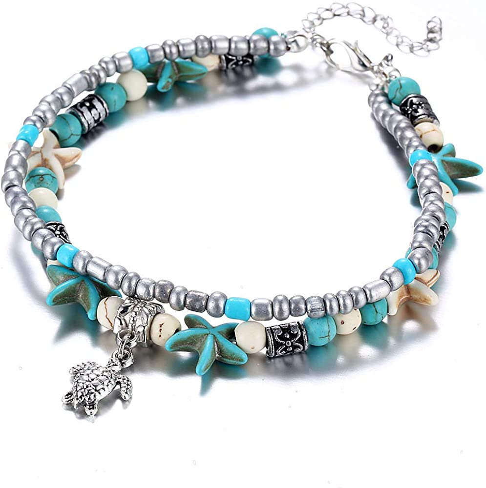 Starain Blue Turtle Anklets for Women Girls Multilayer Beads Handmade Beach Ankle Bracelet Set Boho Foot Jewelry Apparel & Accessories > Jewelry > Anklets Starain Single - Blue Turtle