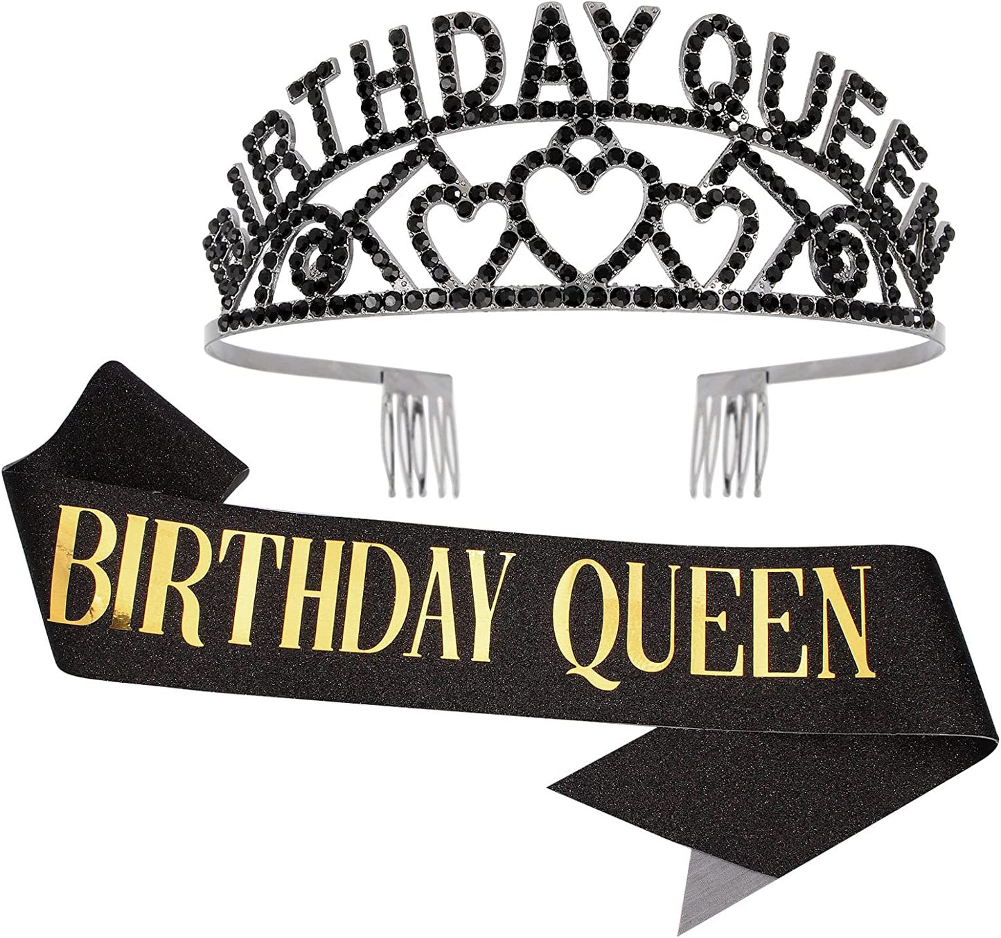 CAVETEE Gold Birthday Queen Rhinestone Tiara and Sash- Birthday Tiara and Sash Birthday Party Favors Glitter Birthday Decorations for Women(Multi Color Letter) Apparel & Accessories > Clothing Accessories > Sashes CAVETEE Black