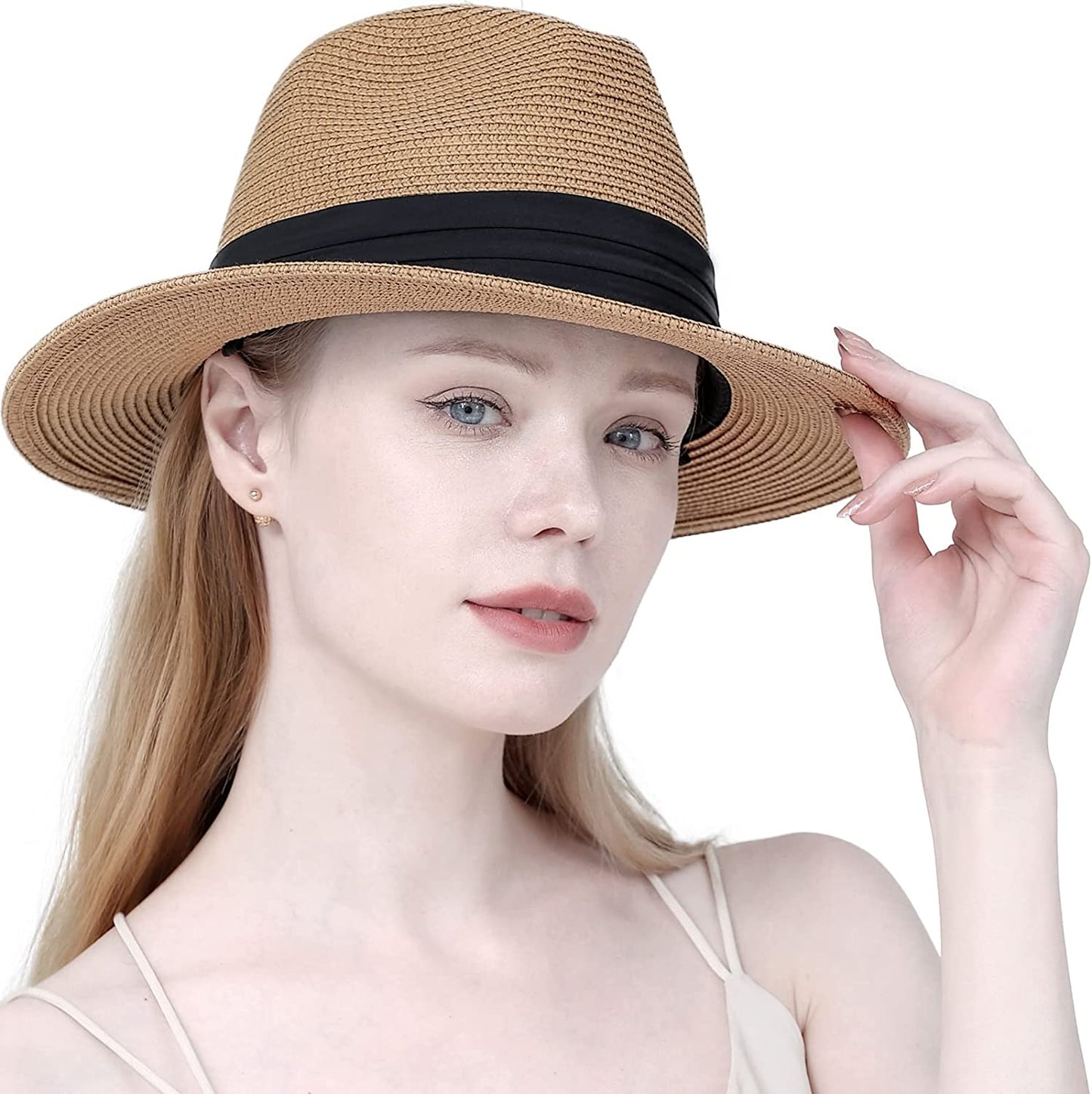 DRESHOW Women Straw Panama Hat Fedora Beach Sun Hat Wide Brim Straw Roll up Hat UPF 50+ Apparel & Accessories > Clothing Accessories > Hats DRESHOW Panama Straw Hat: : Khaki