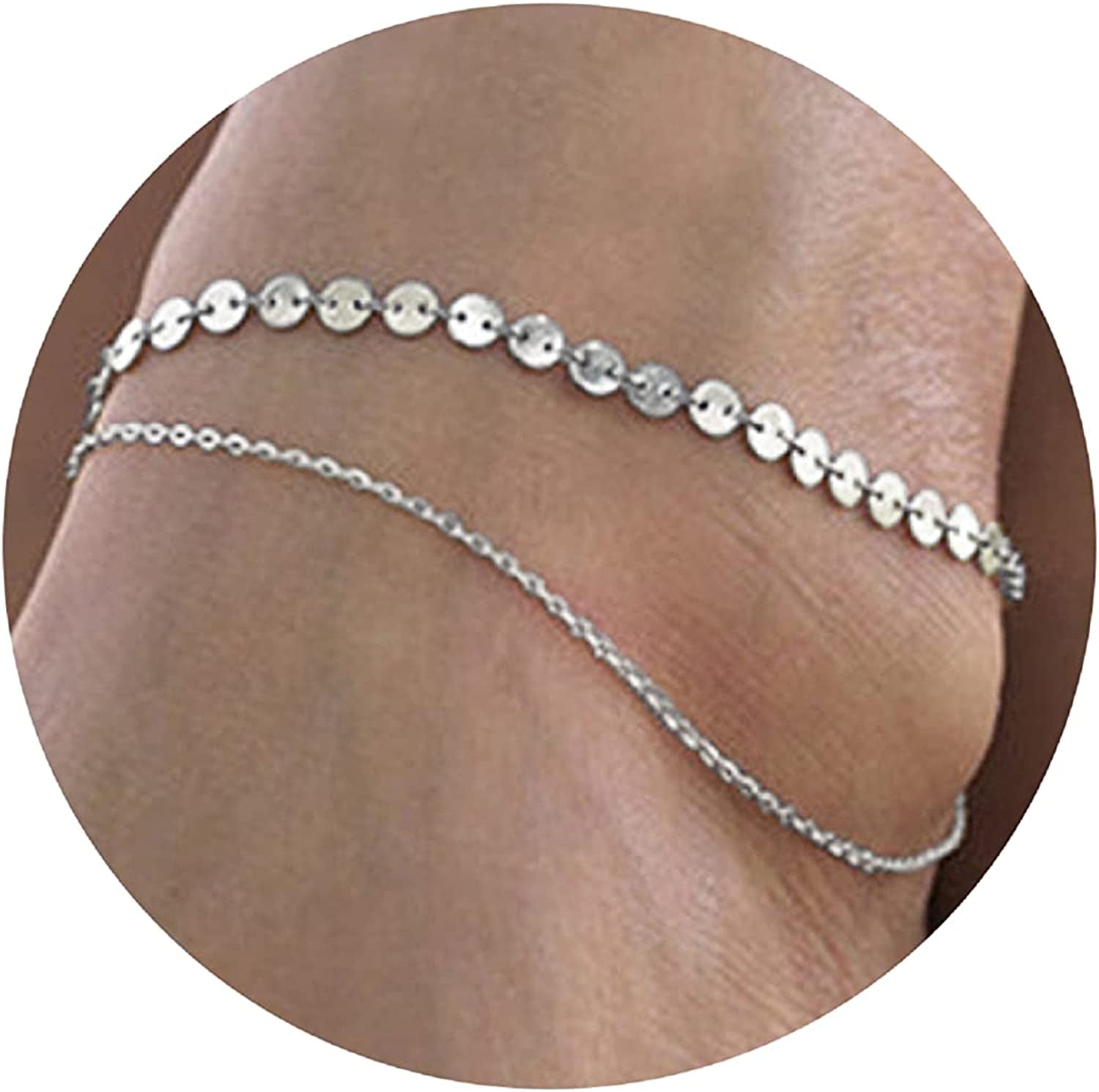 Pencros Dainty Layered Anklet,14K Gold Filled Cute Beads Satellite Chain Heart Boho Adjustable Anklets for Women Teen Girls Apparel & Accessories > Jewelry > Anklets Pencros Coin Chain-Silver