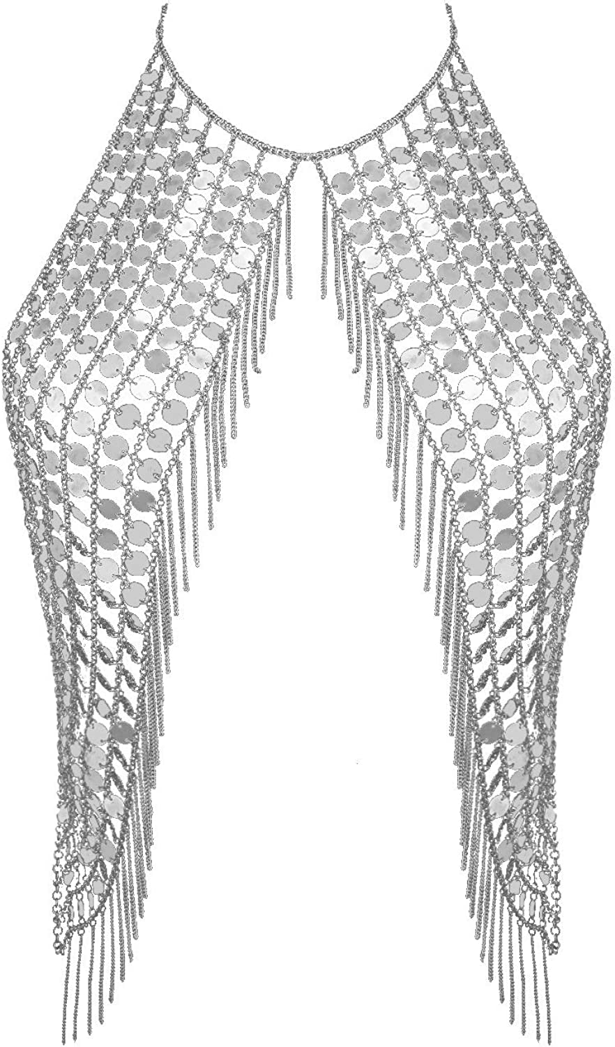 Ingemark Harness Waist Bikini Chain Shirt Bra Body Chain Outfits Bralette for Women Gold Silver Sequin Halter Backless Tank Top Bra Apparel & Accessories > Jewelry > Body Jewelry ZLZL Silver Metal Sequin