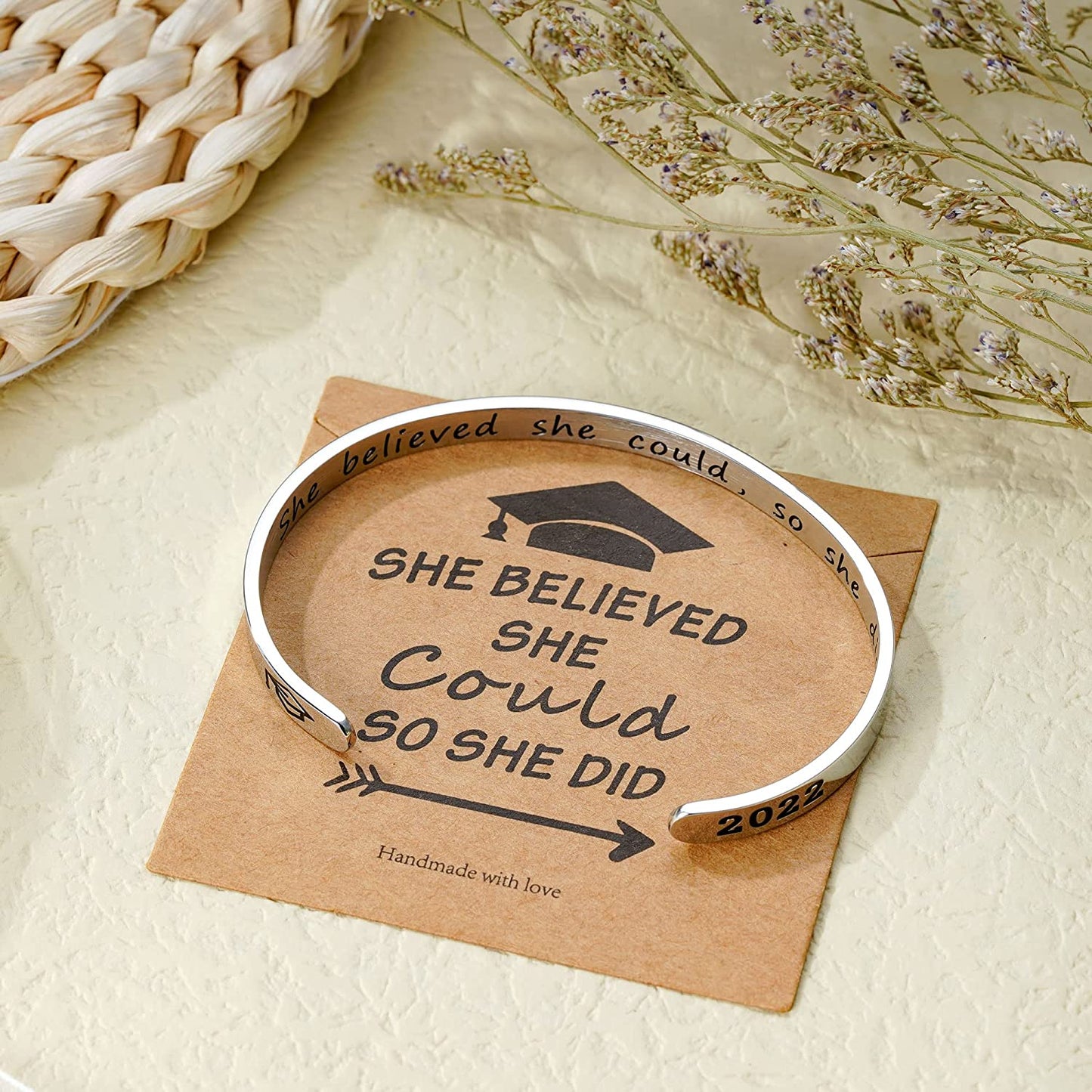 Inspirational Graduation Gifts Cuff Bracelet - Engraved Inspirational Bracelet Cuff with 2022 Graduation Grad Cap She Believed She Could so She Did Bracelet Graduation Friendship Gifts for Her 2022 Apparel & Accessories > Jewelry > Bracelets Turandoss
