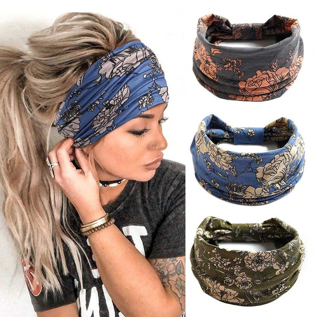 Earent Boho African Headbands Yoga Wide Knot Hair Bands Sweat Printed Headwraps Elastic Turban Headscarfs Multicolor Headwear Outdoor Hair Accessories for Women and Girls (Z-Black) Apparel & Accessories > Clothing Accessories > Headwear Earent Y-Floral