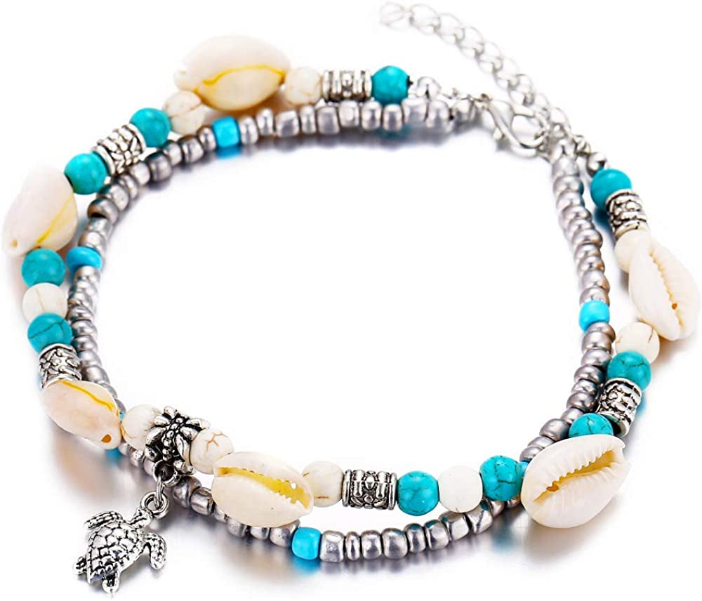 Softones Blue Starfish Turtle Anklet Multilayer Charm Beads Sea Handmade Boho Anklet Foot Jewelry for Women Girl Apparel & Accessories > Jewelry > Anklets Softones A:Turtle 3