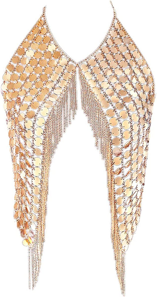 DOTASI Women'S Sexy Halter Backless Tank Top Bra Body Chain Necklace Tassels Party Apparel & Accessories > Jewelry > Body Jewelry DOTASI Gold01