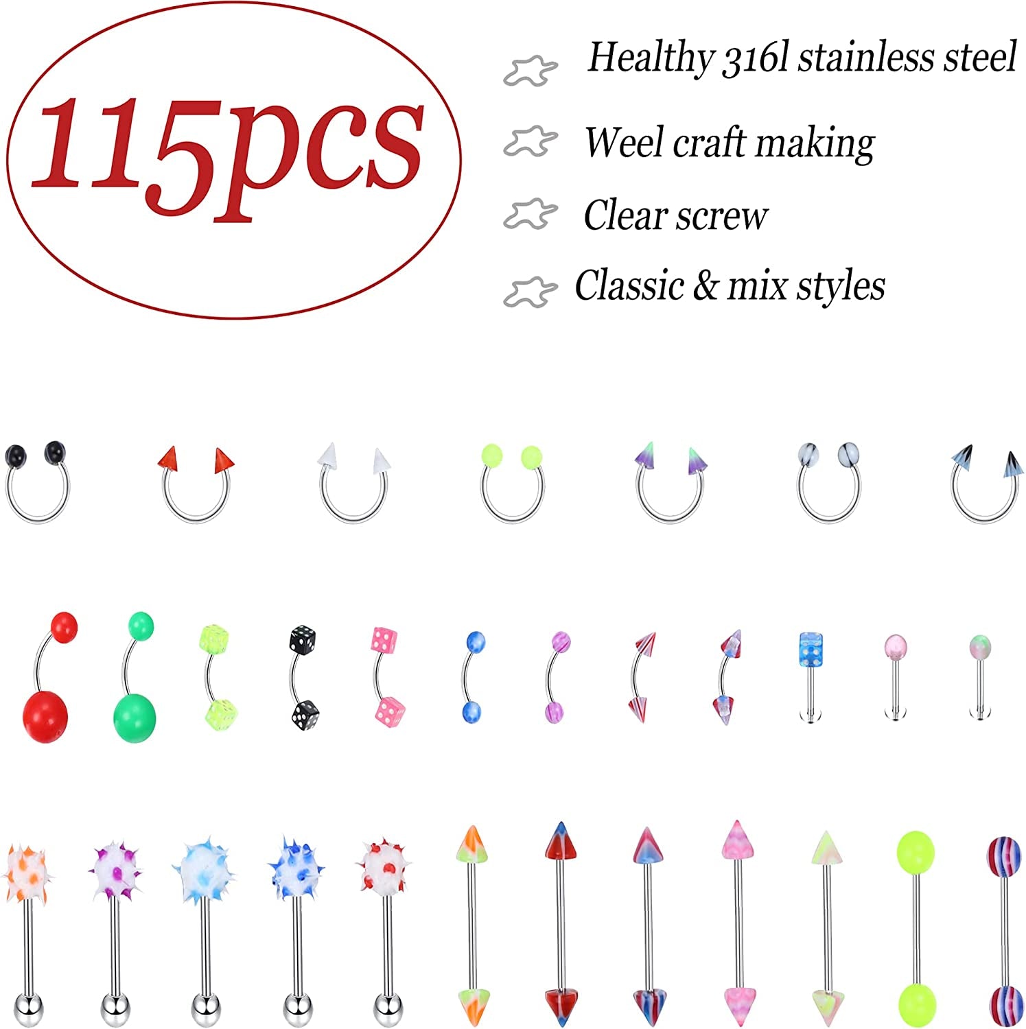 JOERICA 115 Pcs Body Piercing Jewelry for All Piercings 316L Stainless Steel Tongue Nipple Eyebrow Lip Belly Button Nose Tragus Horseshoe Barbell Rings Body Piercing for Women Piercings Jewelry Set 14G-20G Apparel & Accessories > Jewelry > Body Jewelry JOERICA