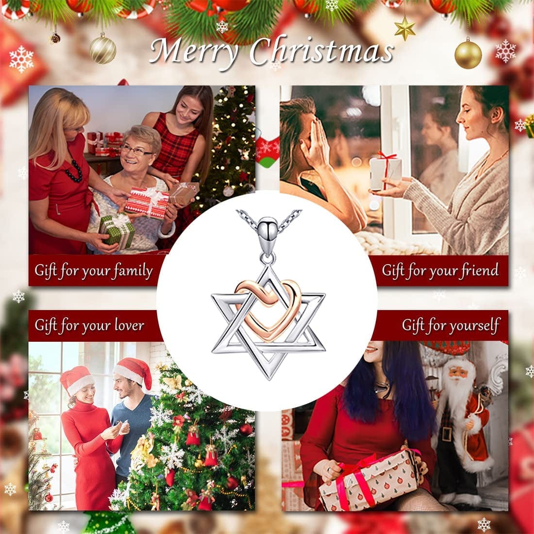 925 Silver Star of David Pendant with Rose Gold Heart Necklace Mother Day Jewelry Gift for Mom Women Girls
