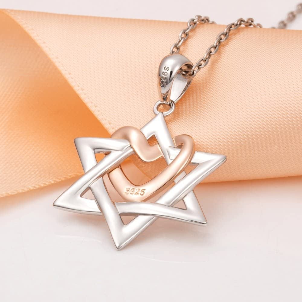925 Silver Star of David Pendant with Rose Gold Heart Necklace Mother Day Jewelry Gift for Mom Women Girls