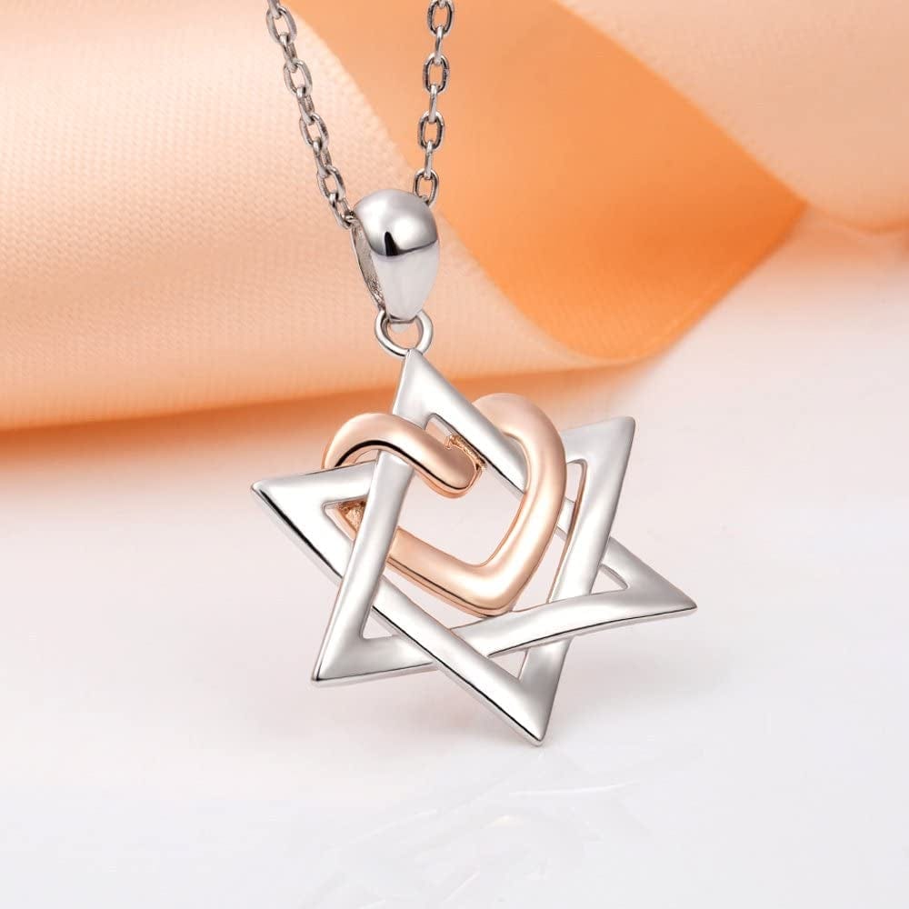 925 Silver Star of David Pendant with Rose Gold Heart Necklace Mother Day Jewelry Gift for Mom Women Girls