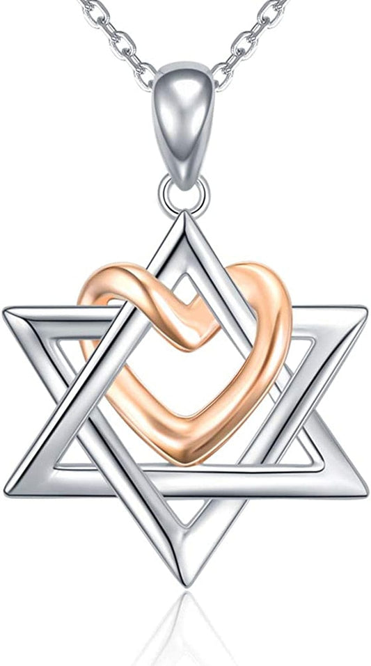 925 Silver Star of David Pendant with Rose Gold Heart Necklace Mother Day Jewelry Gift for Mom Women Girls