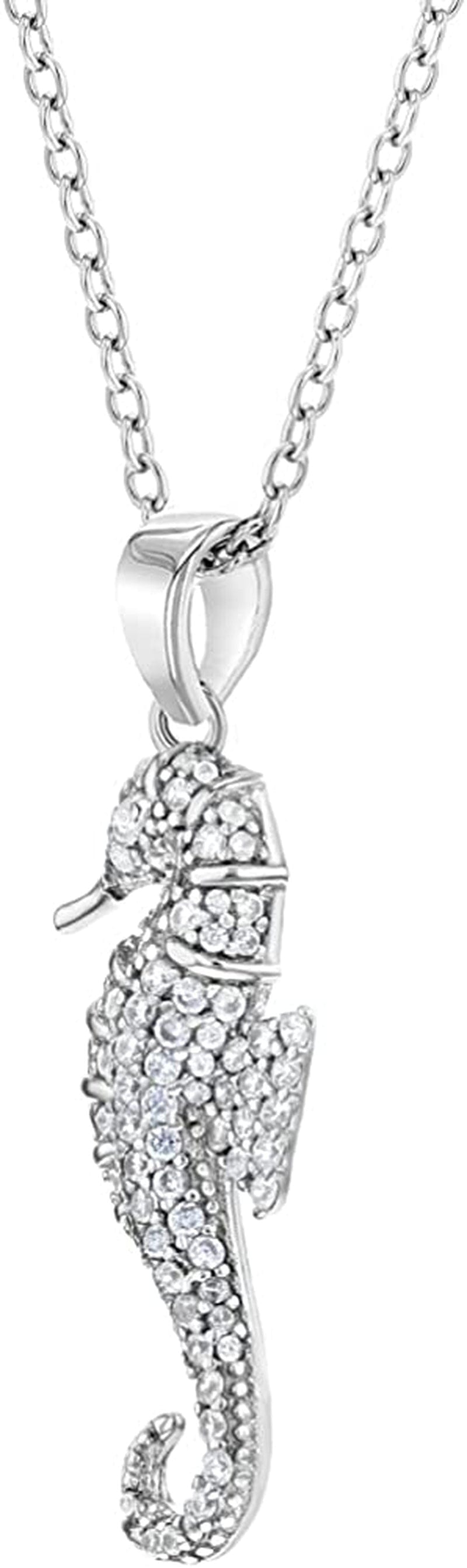 925 Sterling Silver 17" CZ Seahorse Nautical Ocean Charm Pendant Necklace Teens - Elegant & Shiny Clear Cubic Zirconia Pendant Necklaces for Women - Fashionable Jewelry for Ocean Lovers
