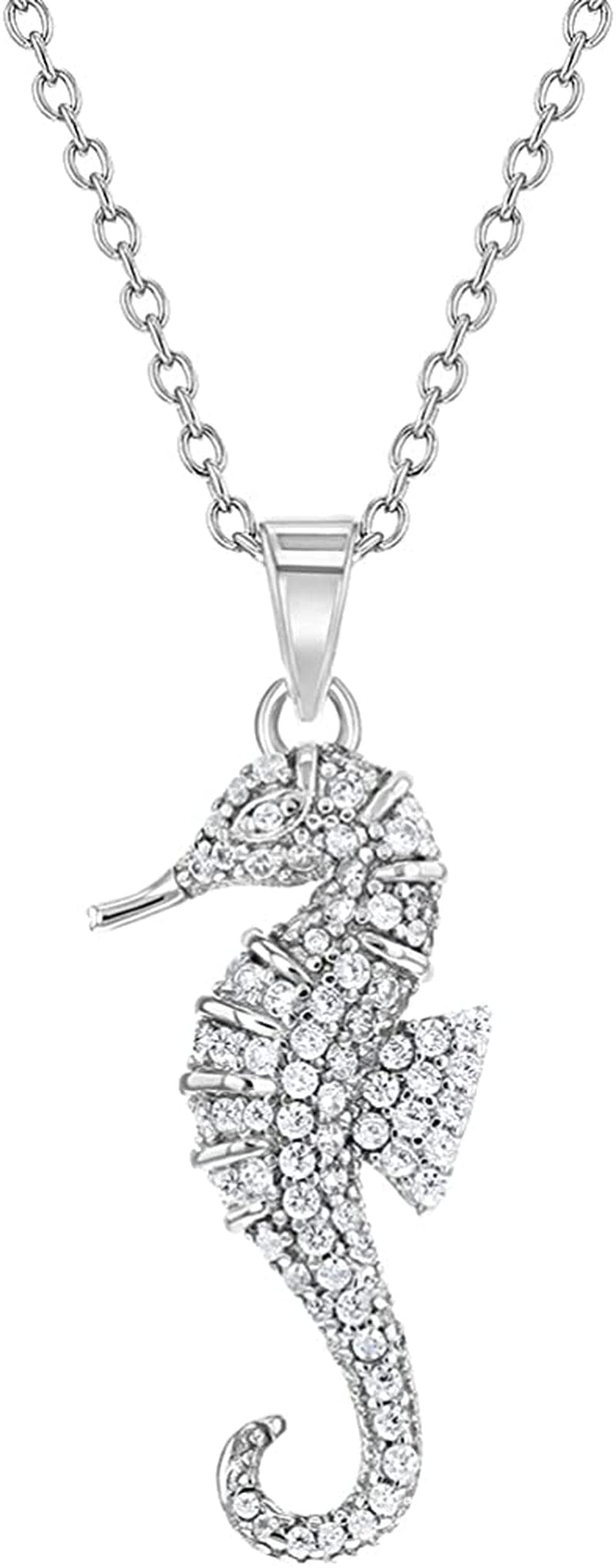 925 Sterling Silver 17" CZ Seahorse Nautical Ocean Charm Pendant Necklace Teens - Elegant & Shiny Clear Cubic Zirconia Pendant Necklaces for Women - Fashionable Jewelry for Ocean Lovers