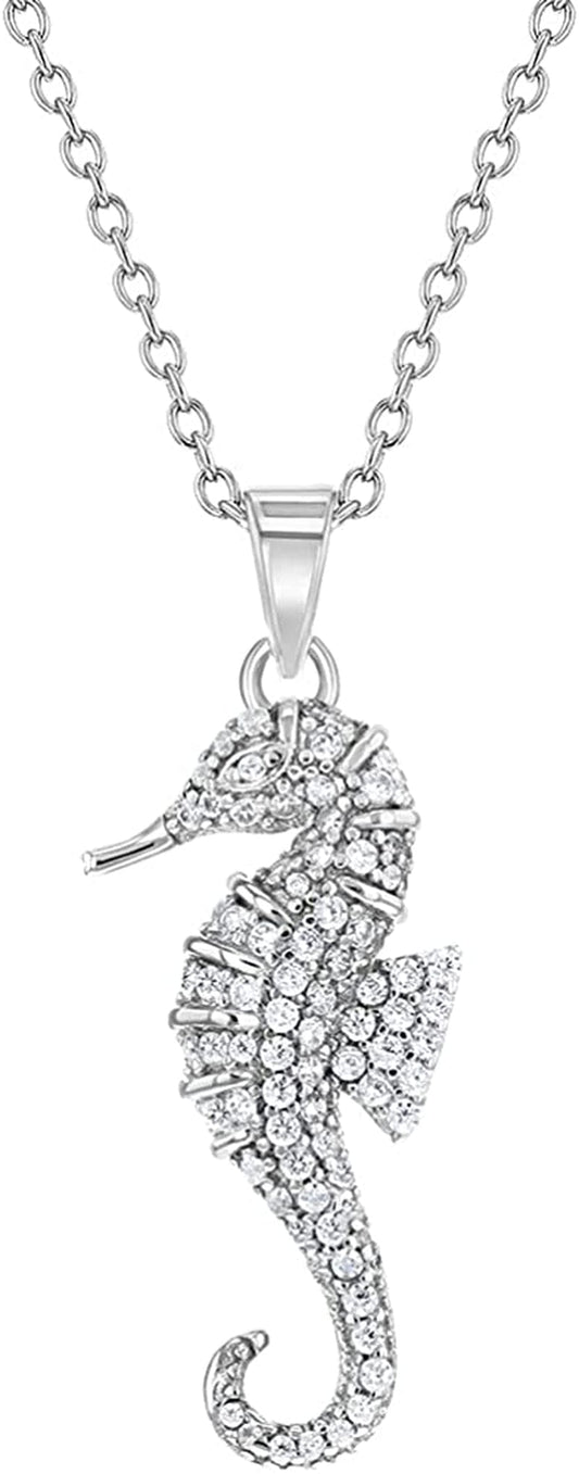 925 Sterling Silver 17" CZ Seahorse Nautical Ocean Charm Pendant Necklace Teens - Elegant & Shiny Clear Cubic Zirconia Pendant Necklaces for Women - Fashionable Jewelry for Ocean Lovers
