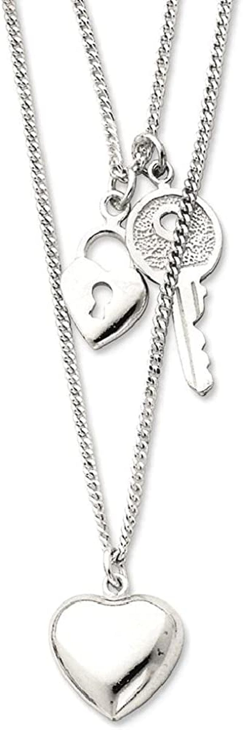 925 Sterling Silver 2 Strand Heart Key Chain Necklace Pendant Charm Multi Layer Fine Jewelry for Women Gifts for Her