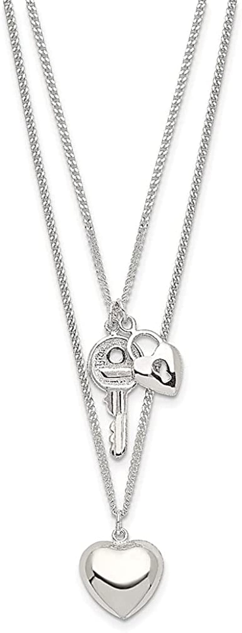 925 Sterling Silver 2 Strand Heart Key Chain Necklace Pendant Charm Multi Layer Fine Jewelry for Women Gifts for Her