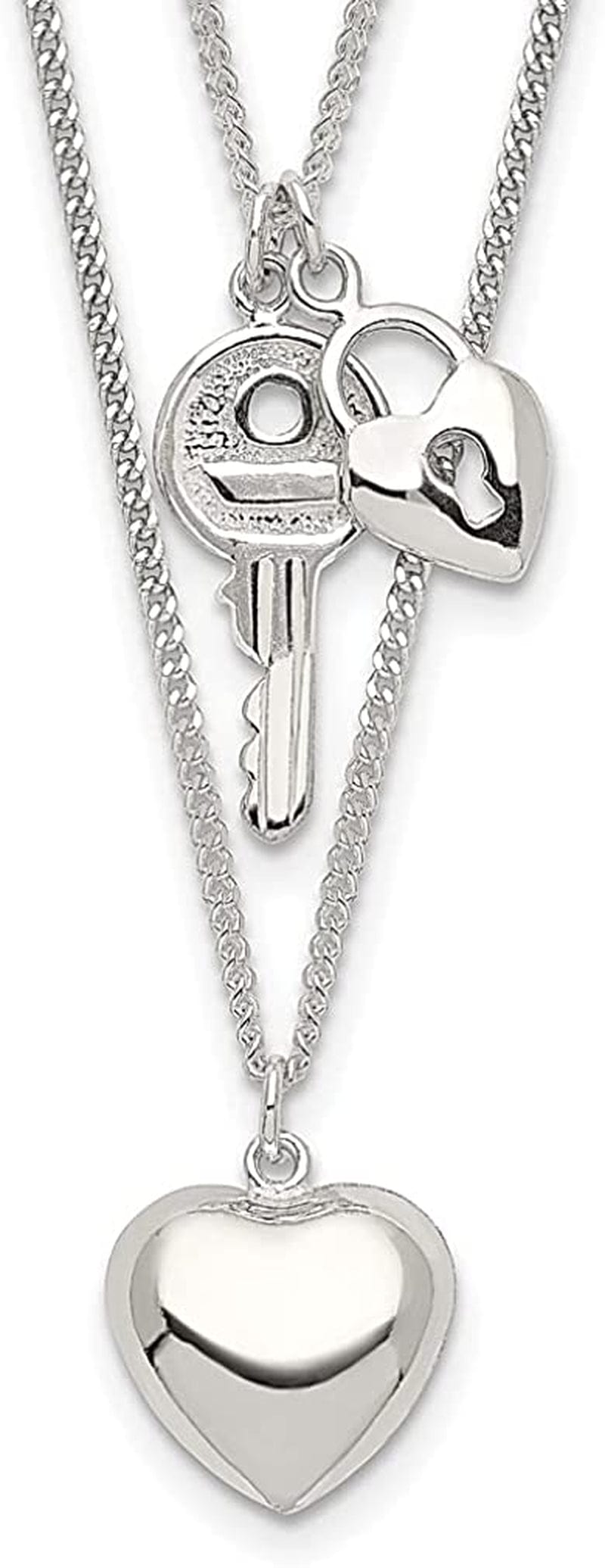 925 Sterling Silver 2 Strand Heart Key Chain Necklace Pendant Charm Multi Layer Fine Jewelry for Women Gifts for Her