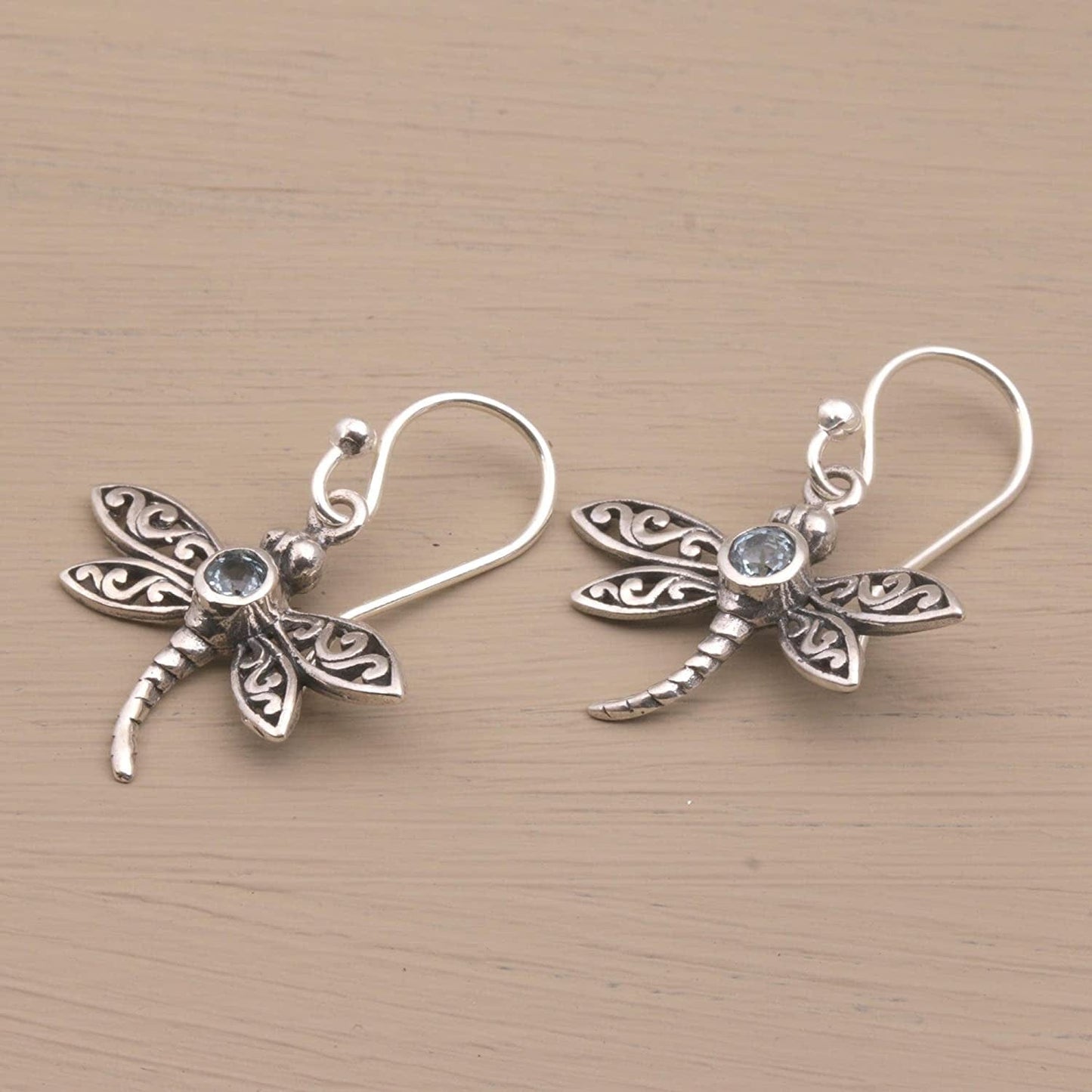 .925 Sterling Silver and Blue Topaz Dangle Earrings, Enchanted Dragonfly'