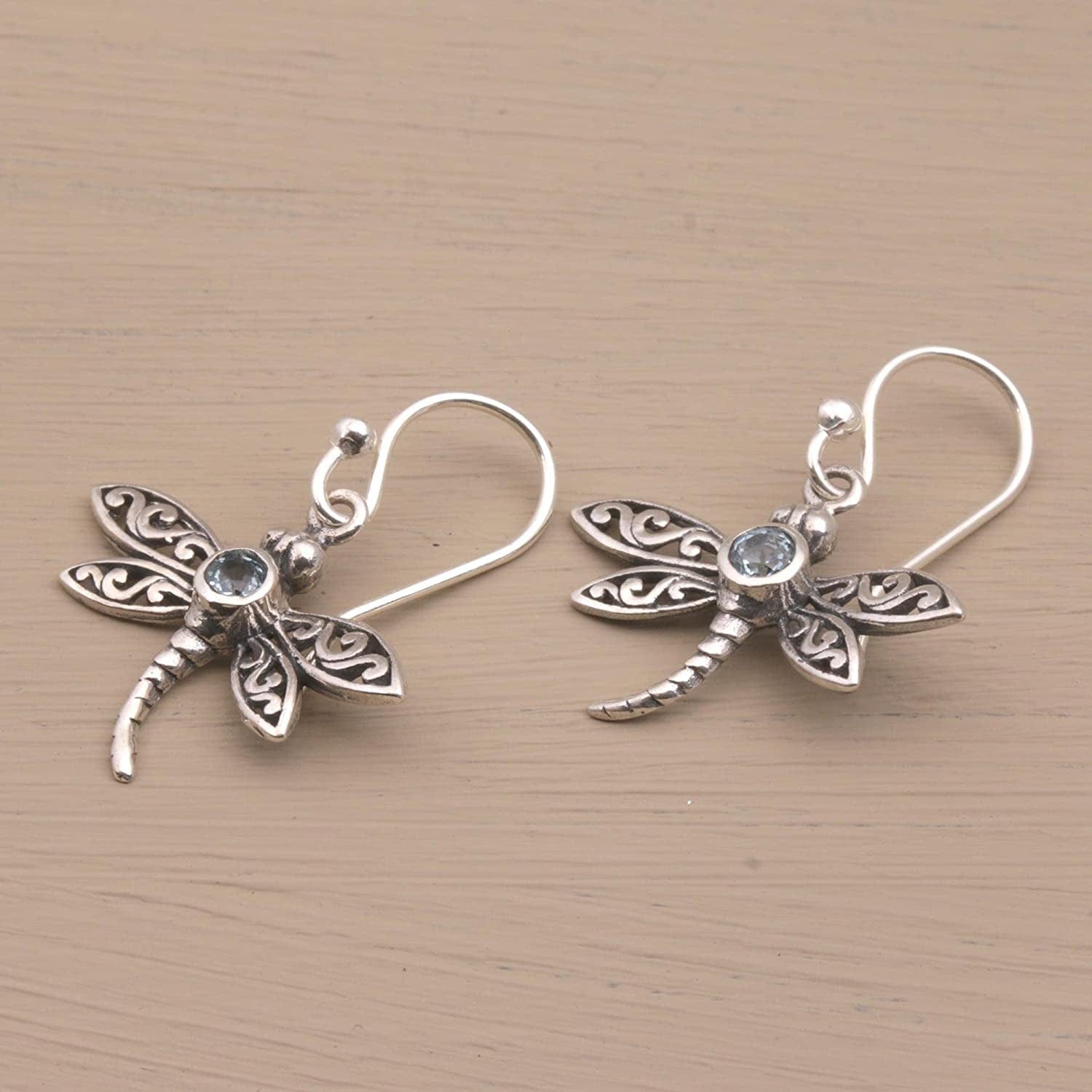 .925 Sterling Silver and Blue Topaz Dangle Earrings, Enchanted Dragonfly'