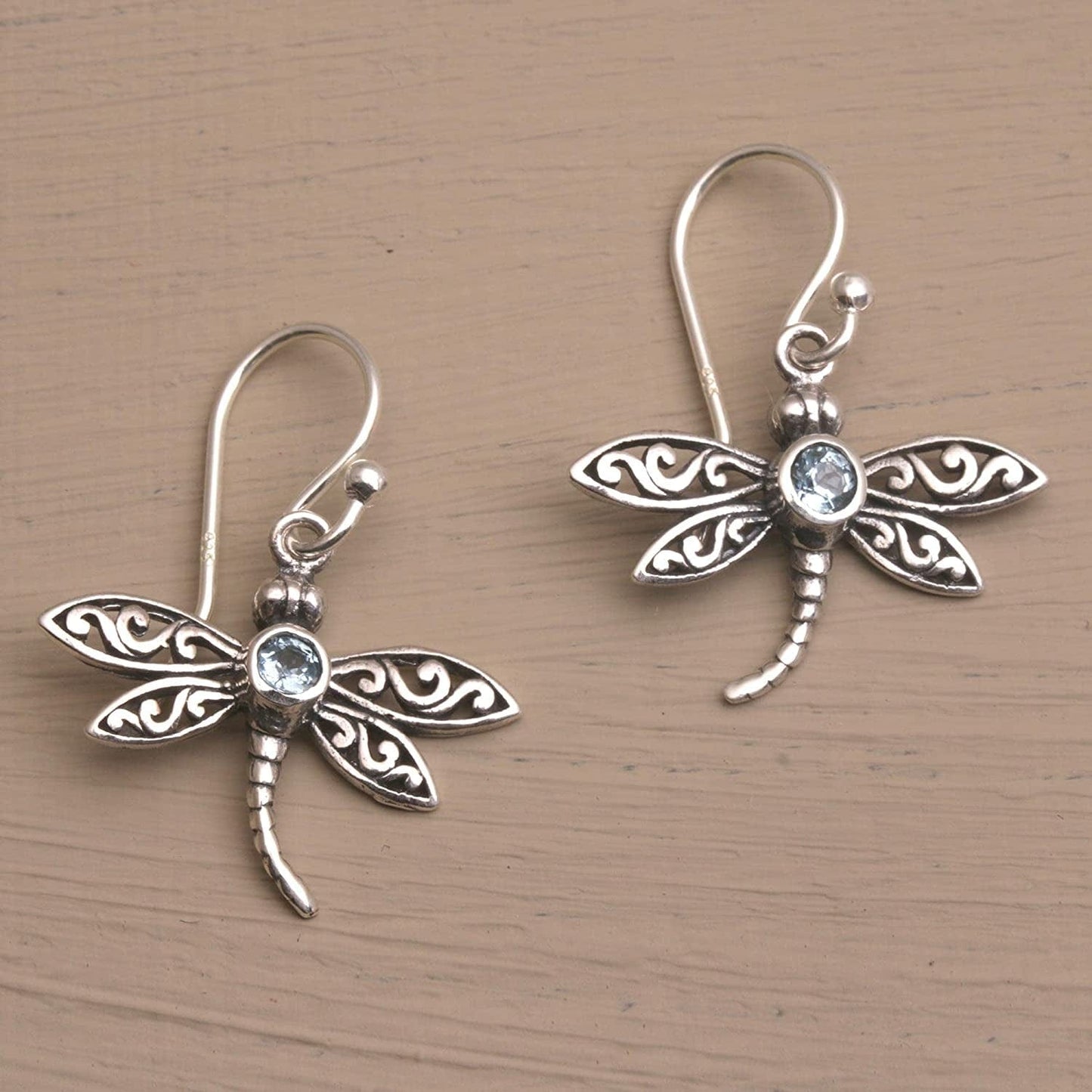 .925 Sterling Silver and Blue Topaz Dangle Earrings, Enchanted Dragonfly'