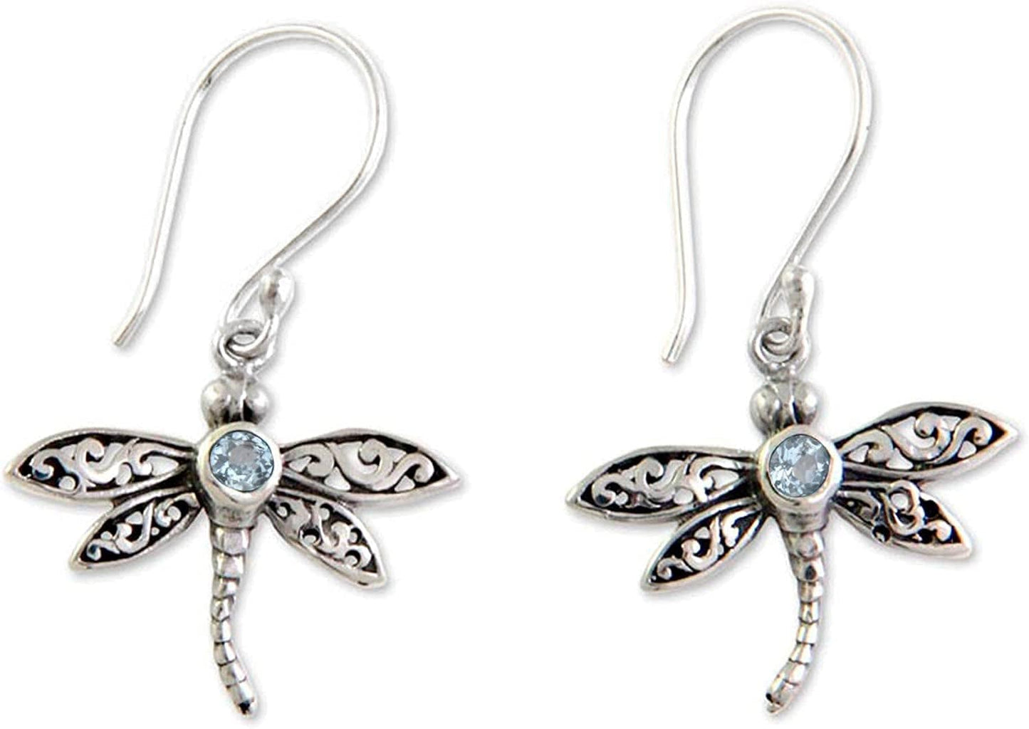 .925 Sterling Silver and Blue Topaz Dangle Earrings, Enchanted Dragonfly'