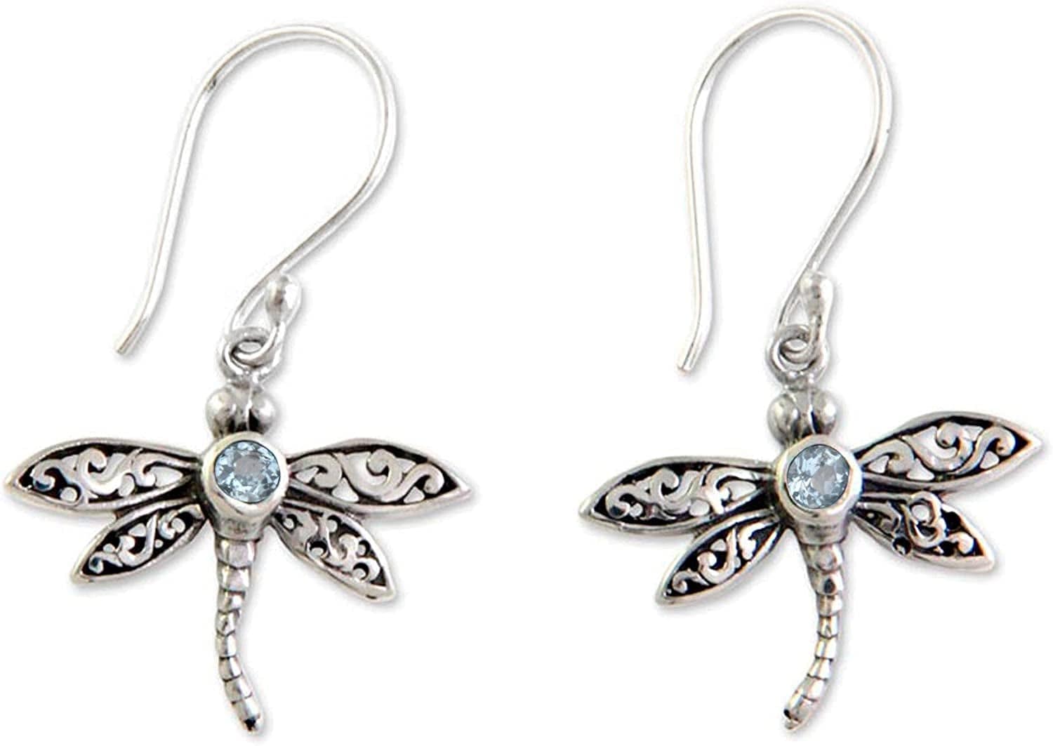 .925 Sterling Silver and Blue Topaz Dangle Earrings, Enchanted Dragonfly'