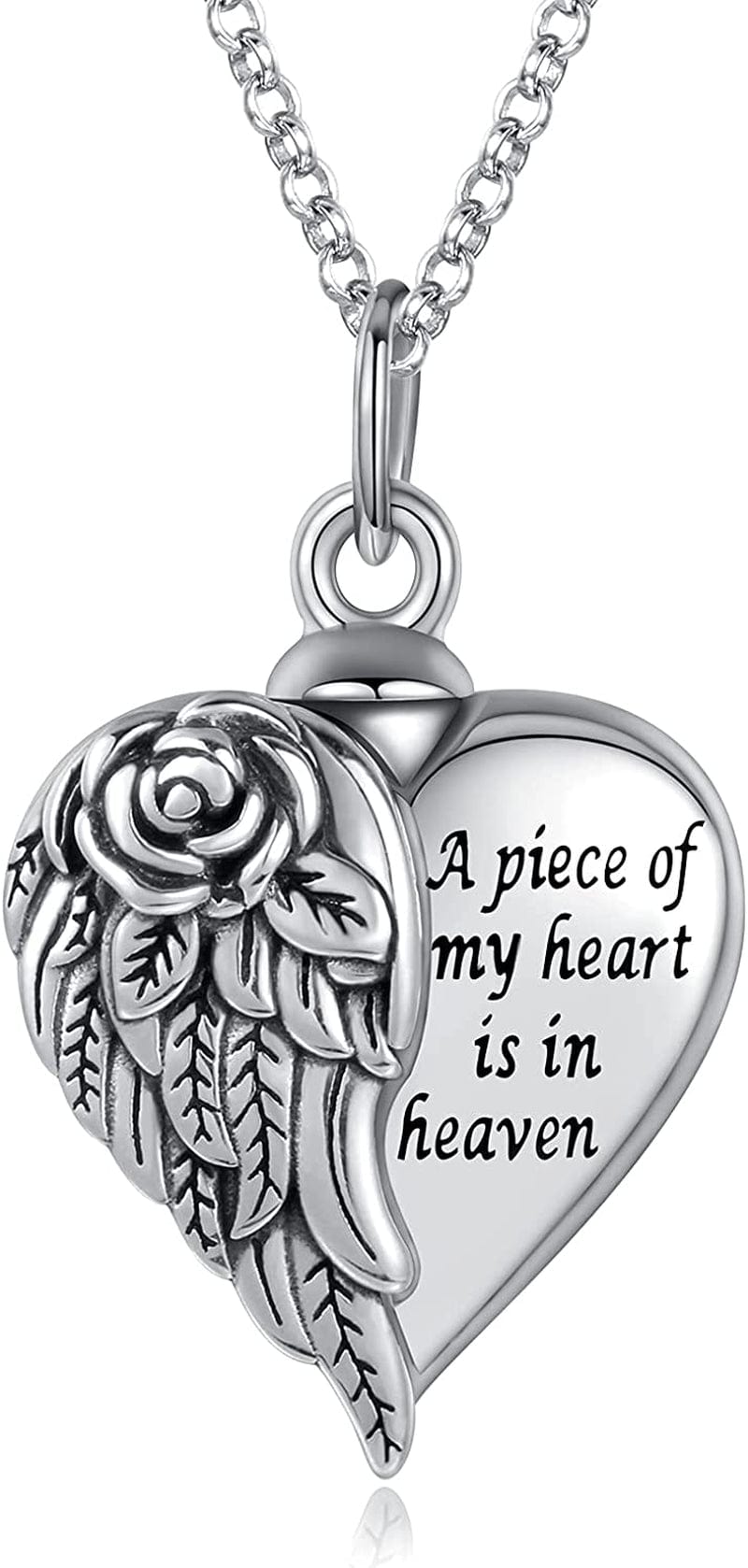 925 Sterling Silver Angel Wing Heart Urn Pendant Necklace for Ashes - a Piece of My Heart Is in Heaven Memorial Keepsake Cremation Jewelry Rose