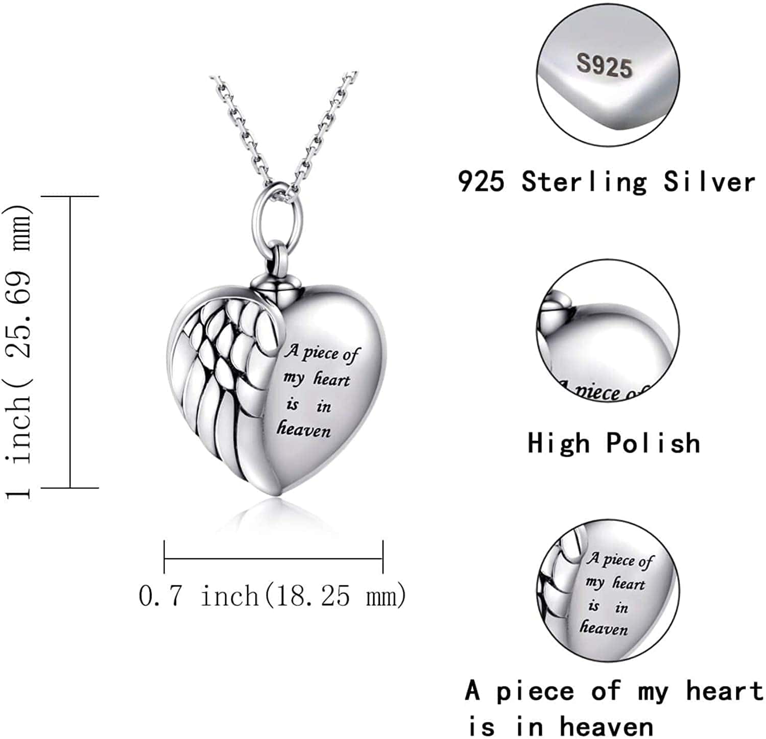 925 Sterling Silver Angel Wing Heart Urn Pendant Necklace for Ashes - a Piece of My Heart Is in Heaven Memorial Keepsake Cremation Jewelry