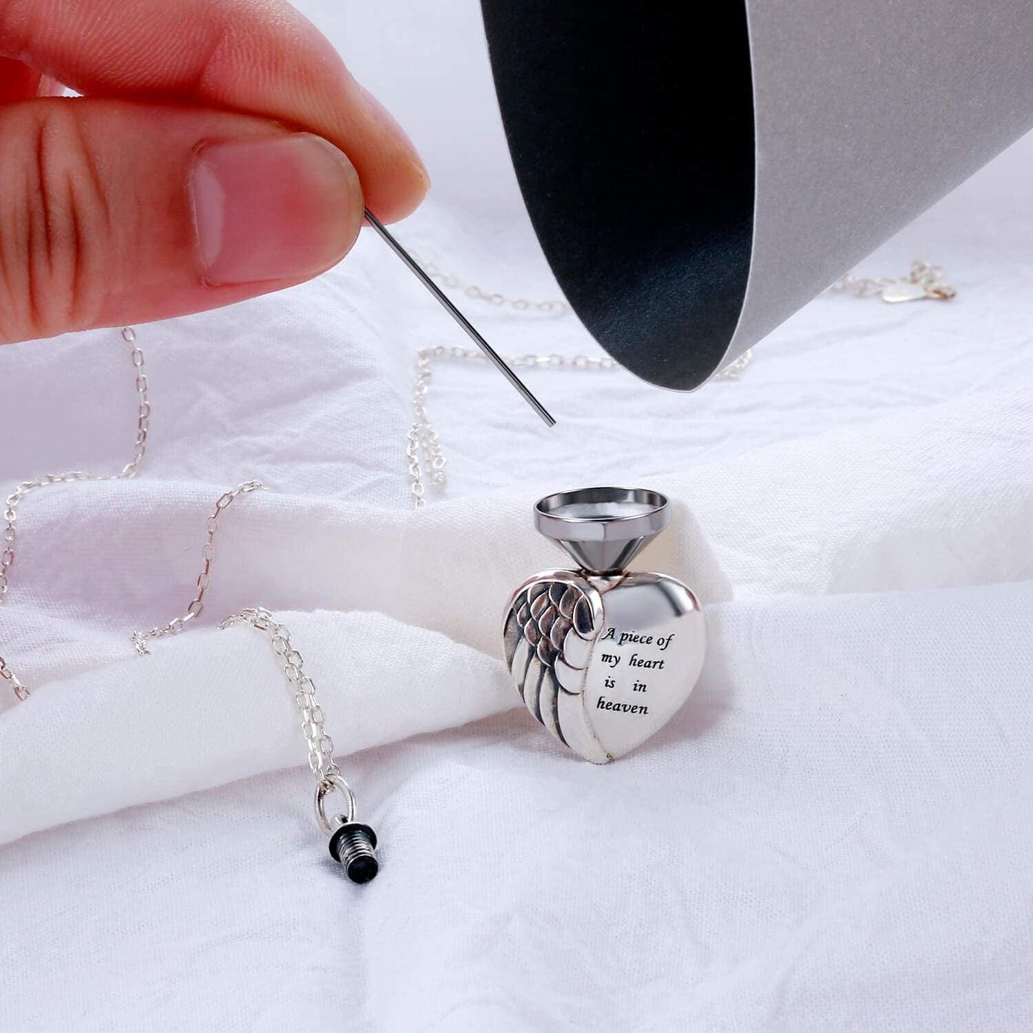 925 Sterling Silver Angel Wing Heart Urn Pendant Necklace for Ashes - a Piece of My Heart Is in Heaven Memorial Keepsake Cremation Jewelry
