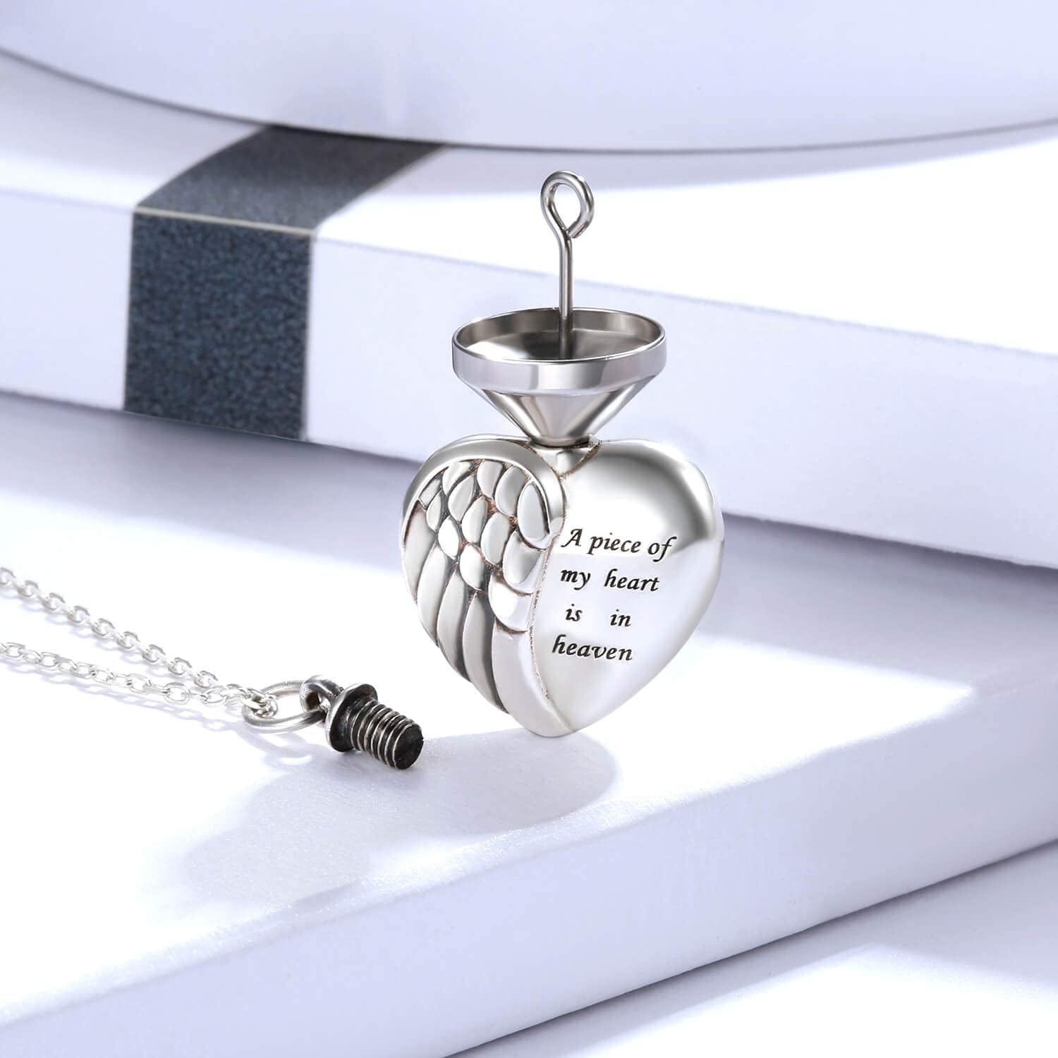 925 Sterling Silver Angel Wing Heart Urn Pendant Necklace for Ashes - a Piece of My Heart Is in Heaven Memorial Keepsake Cremation Jewelry