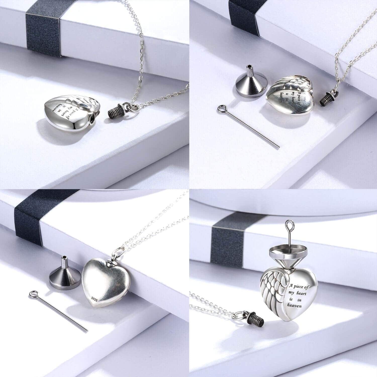 925 Sterling Silver Angel Wing Heart Urn Pendant Necklace for Ashes - a Piece of My Heart Is in Heaven Memorial Keepsake Cremation Jewelry