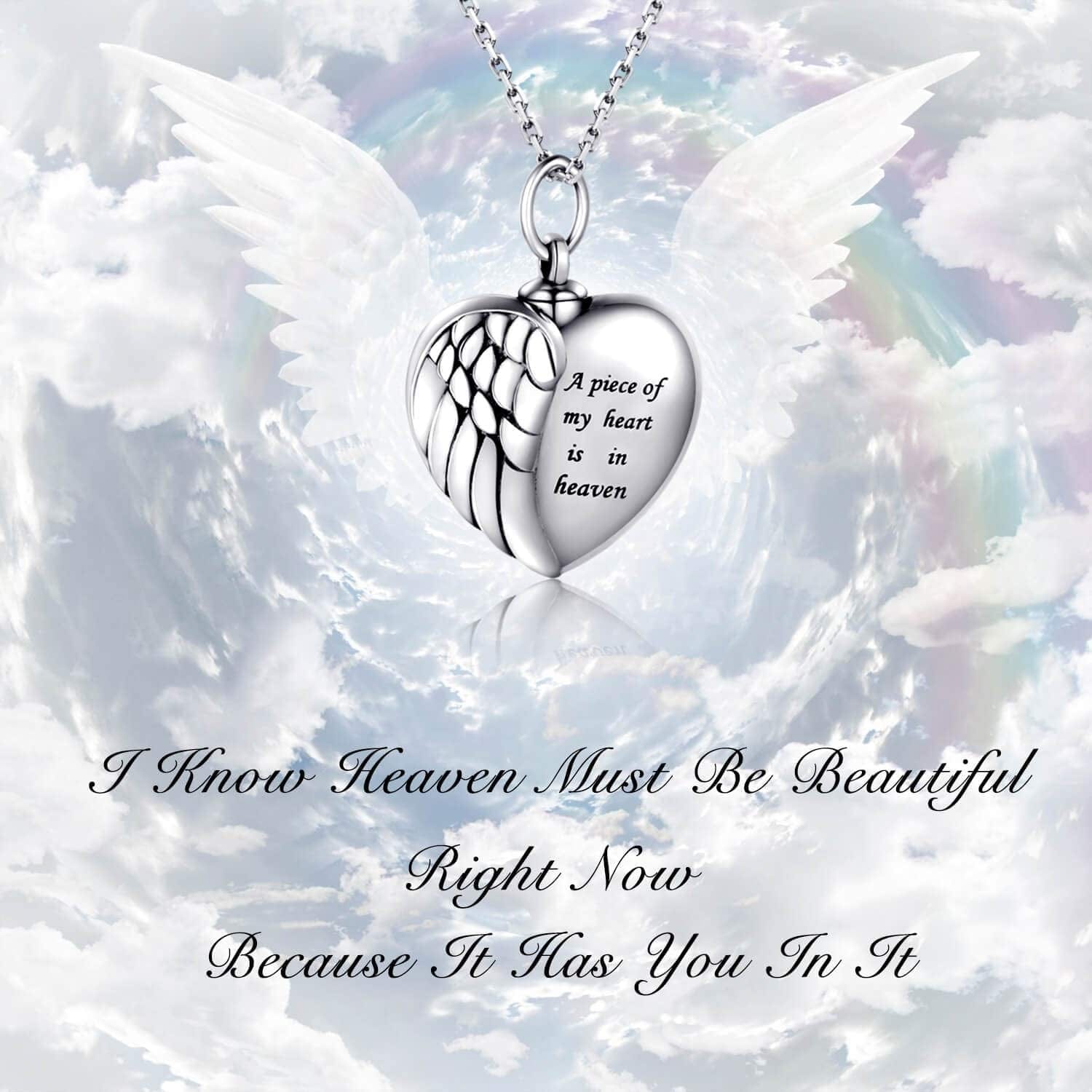925 Sterling Silver Angel Wing Heart Urn Pendant Necklace for Ashes - a Piece of My Heart Is in Heaven Memorial Keepsake Cremation Jewelry