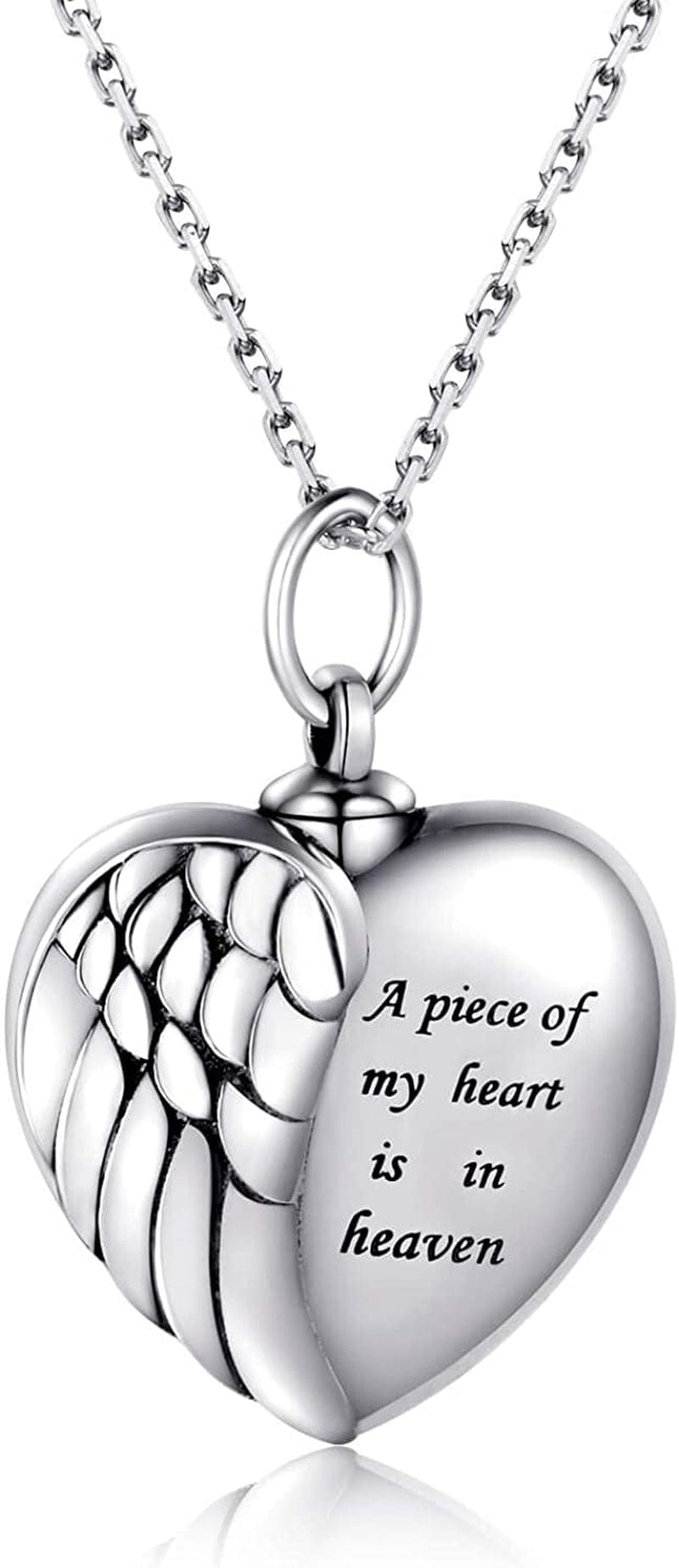 925 Sterling Silver Angel Wing Heart Urn Pendant Necklace for Ashes - a Piece of My Heart Is in Heaven Memorial Keepsake Cremation Jewelry Wing