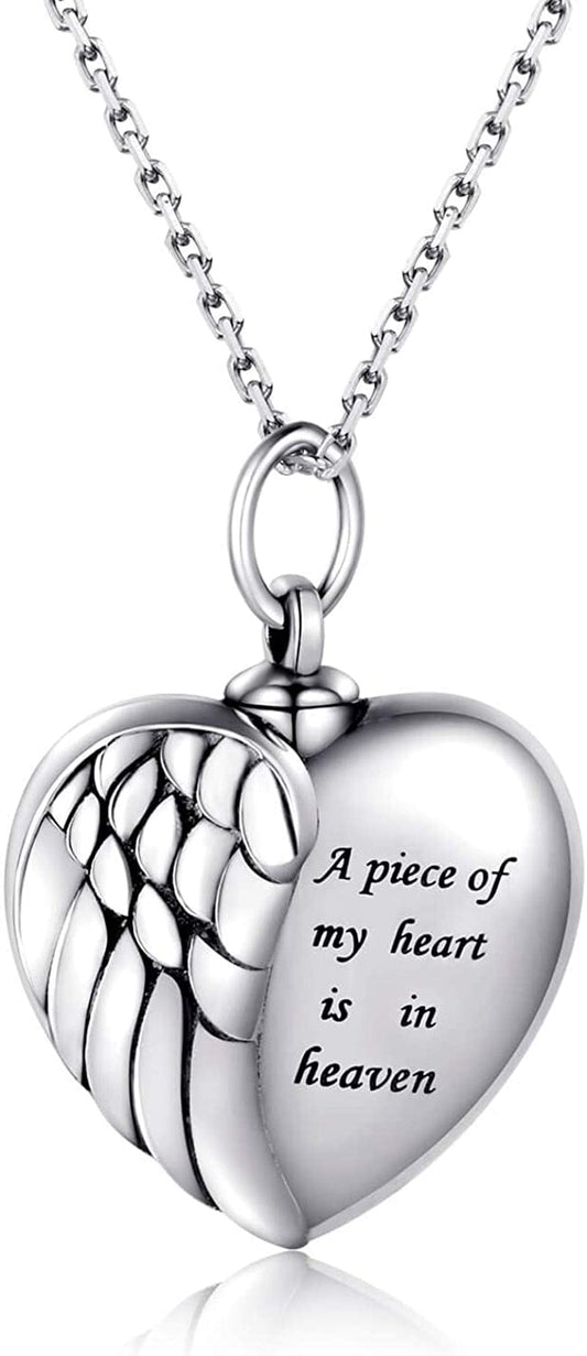 925 Sterling Silver Angel Wing Heart Urn Pendant Necklace for Ashes - a Piece of My Heart Is in Heaven Memorial Keepsake Cremation Jewelry Wing