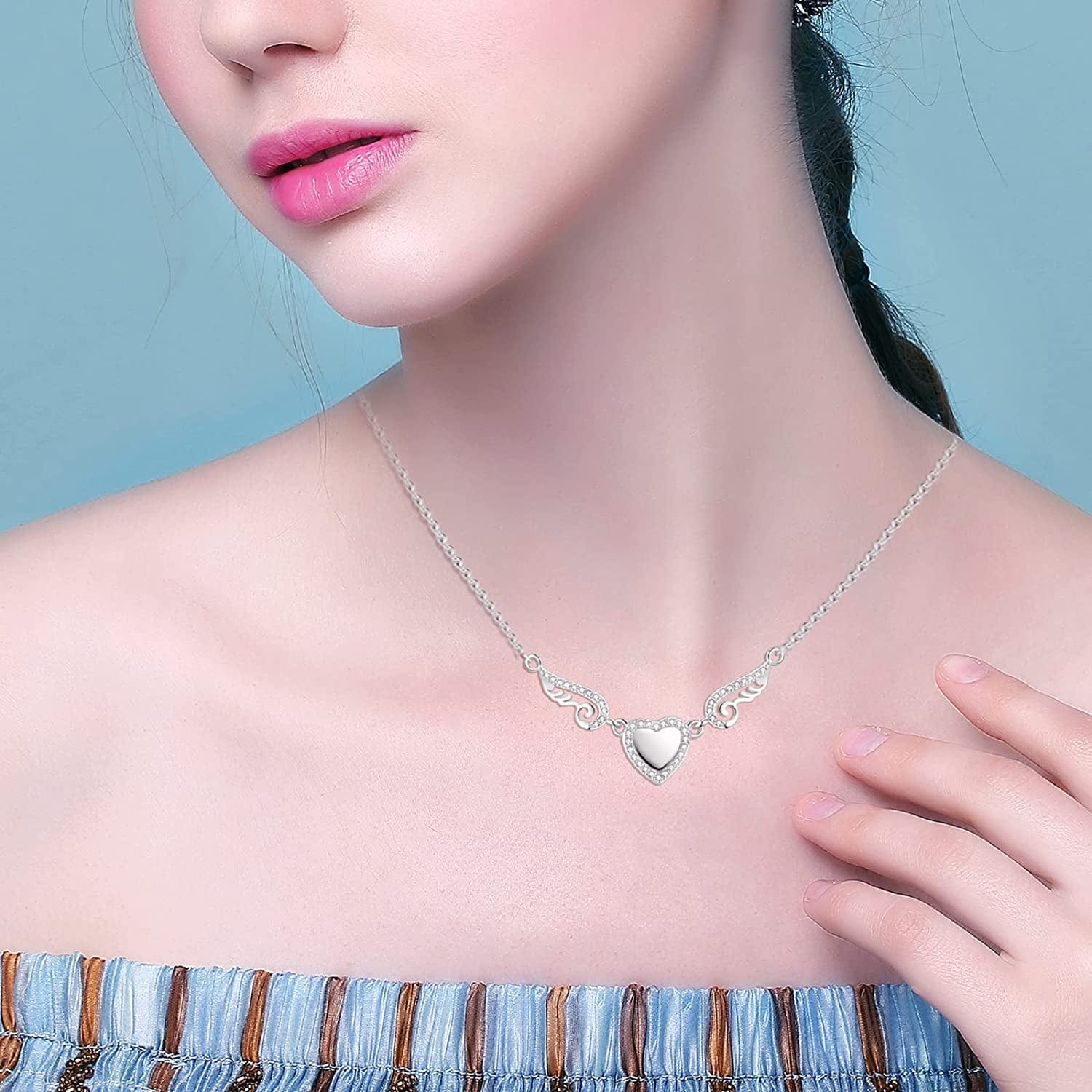 925 Sterling Silver Angel Wings Love Heart Cremation Jewelry for Ashes Memorial Urn Pendant Necklace for Women Gift