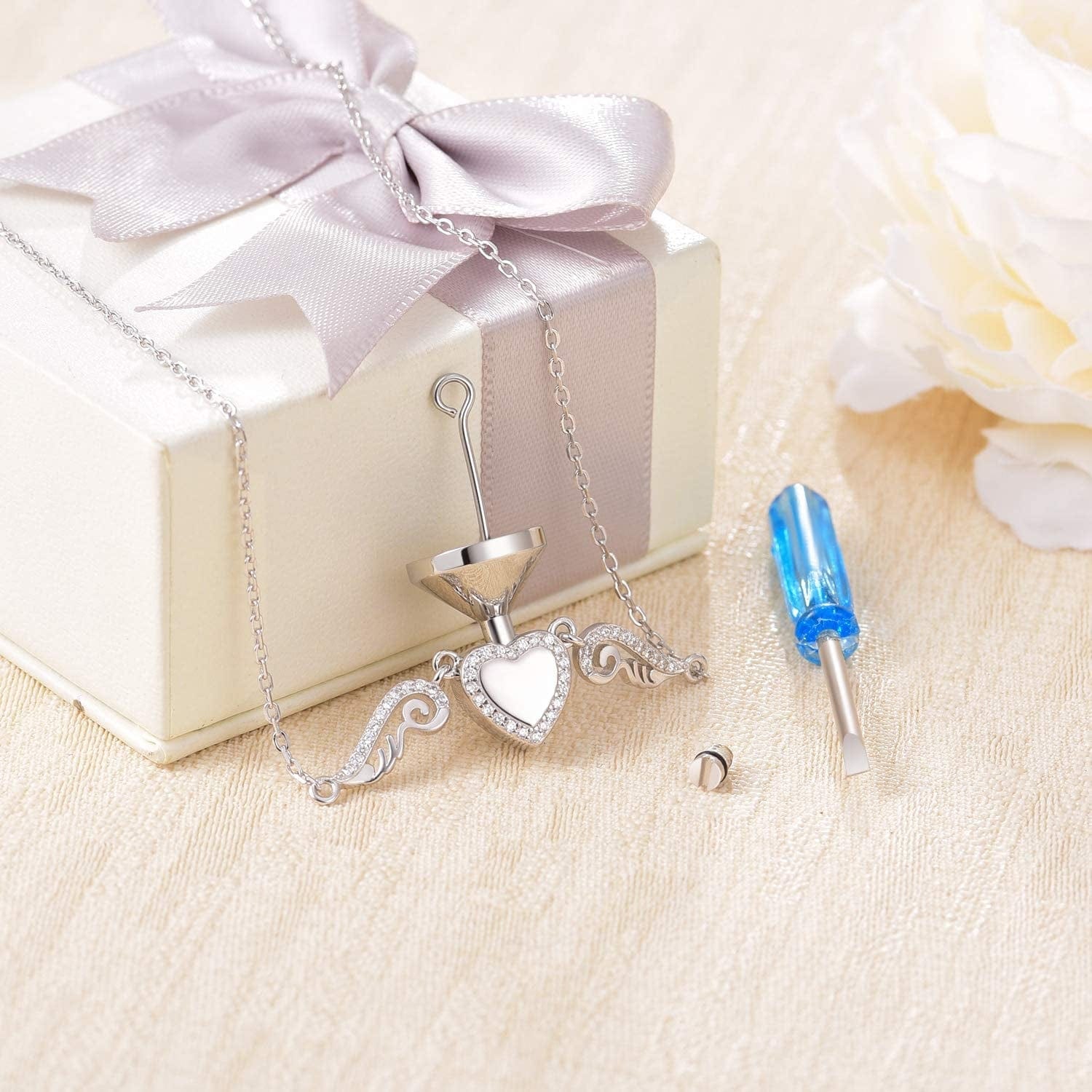 925 Sterling Silver Angel Wings Love Heart Cremation Jewelry for Ashes Memorial Urn Pendant Necklace for Women Gift