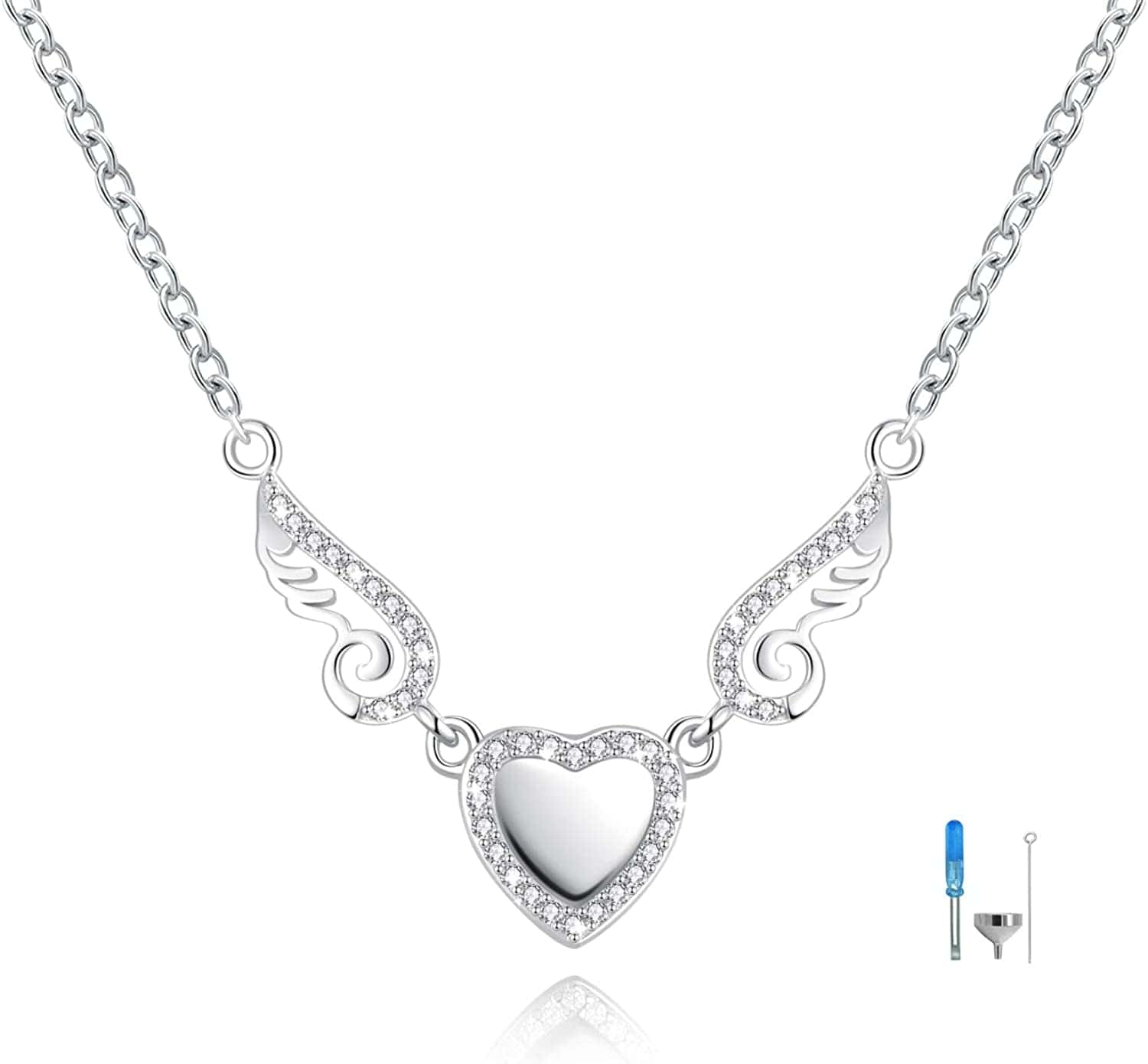 925 Sterling Silver Angel Wings Love Heart Cremation Jewelry for Ashes Memorial Urn Pendant Necklace for Women Gift White / movable angle wings / love heart-10mm
