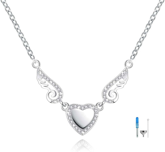 925 Sterling Silver Angel Wings Love Heart Cremation Jewelry for Ashes Memorial Urn Pendant Necklace for Women Gift White / movable angle wings / love heart-10mm