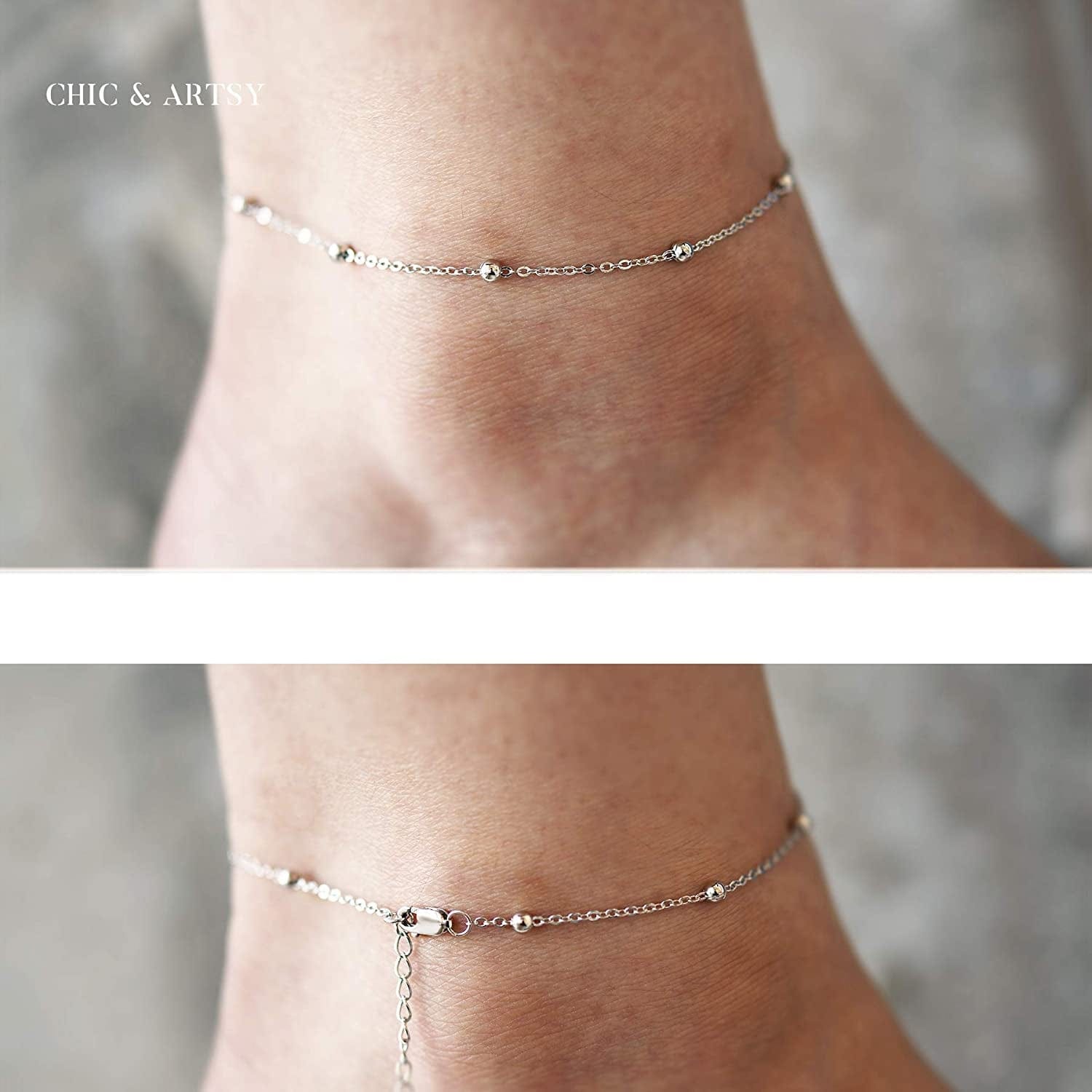 925 Sterling Silver Ankle Bracelet Multilayer Anklets for Women Satellite, Star, Cross, Circle, Butterfly, Teardrop, Oval Disk Layered Anklet Beach Jewelry Apparel & Accessories > Jewelry > Anklets CHIC & ARTSY