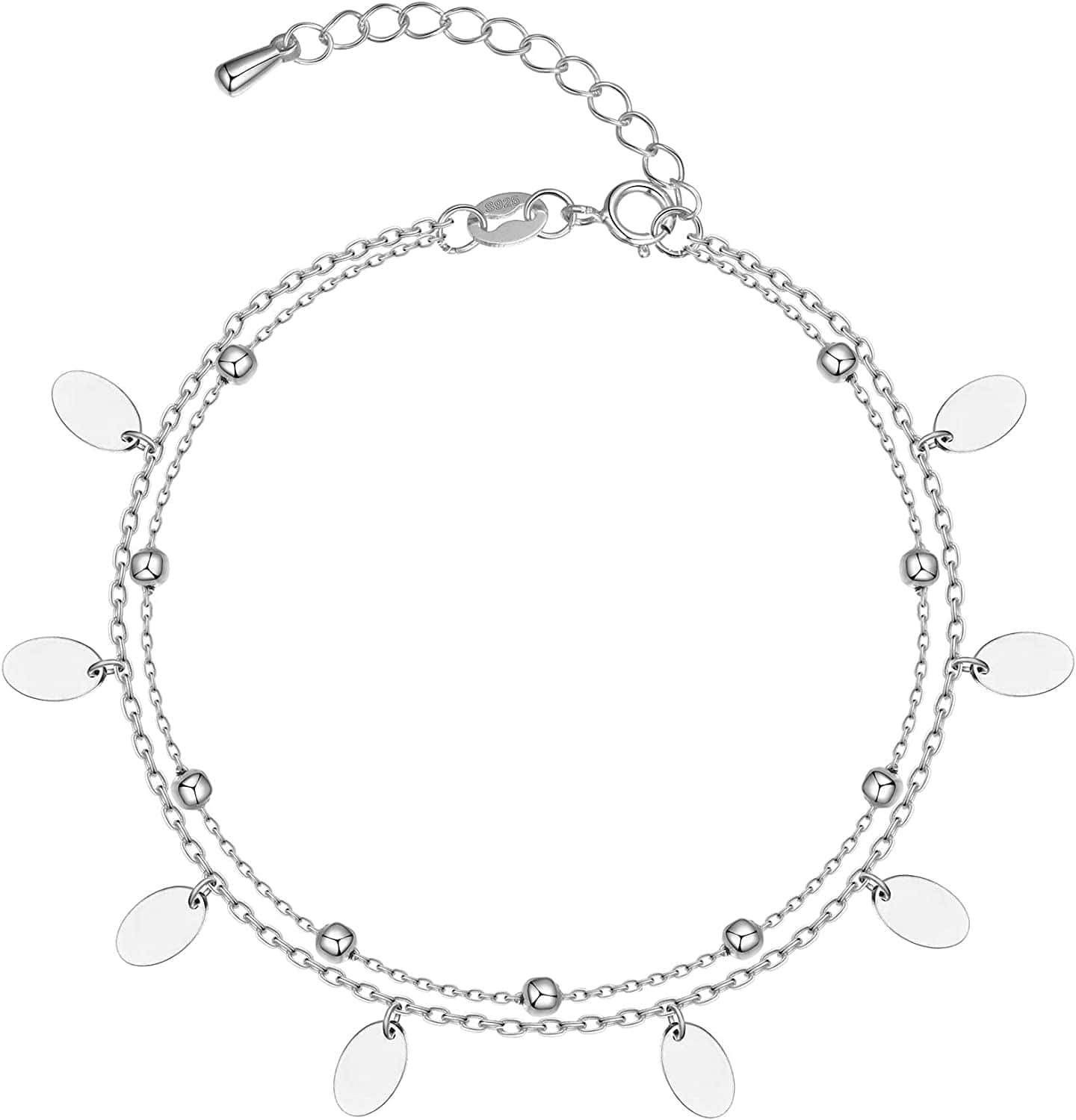 925 Sterling Silver Ankle Bracelet Multilayer Anklets for Women Satellite, Star, Cross, Circle, Butterfly, Teardrop, Oval Disk Layered Anklet Beach Jewelry Apparel & Accessories > Jewelry > Anklets CHIC & ARTSY oval disk/satellite layered