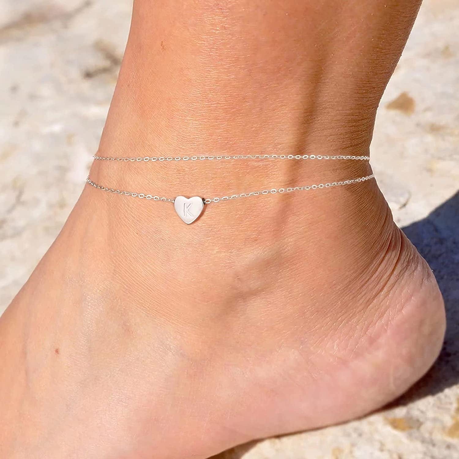 925 Sterling Silver Ankle Bracelets for Women, Silver Anklets for Women Layered Heart Ankle Bracelets Dainty Letter Initial Anklet A-Z Silver Anklets for Women Teen Girls Beach Foot Jewelry Gifts Apparel & Accessories > Jewelry > Anklets IEFSHINY