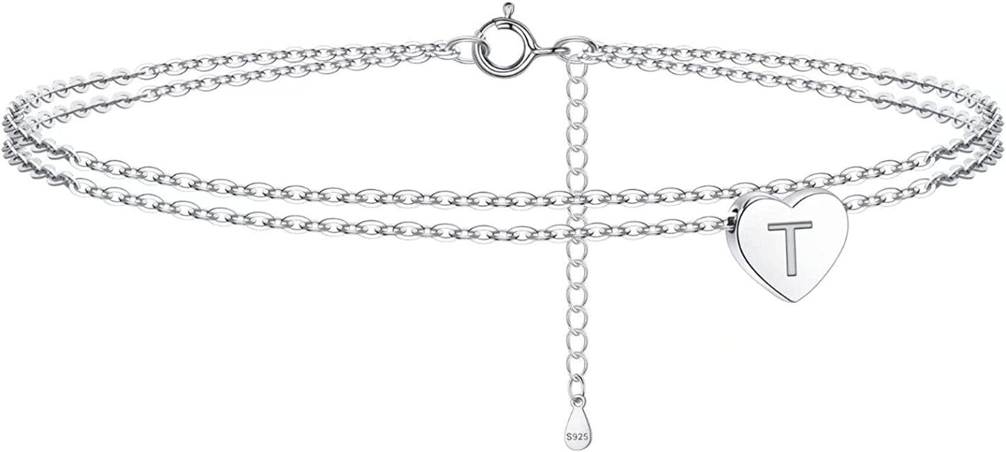 925 Sterling Silver Ankle Bracelets for Women, Silver Anklets for Women Layered Heart Ankle Bracelets Dainty Letter Initial Anklet A-Z Silver Anklets for Women Teen Girls Beach Foot Jewelry Gifts Apparel & Accessories > Jewelry > Anklets IEFSHINY T