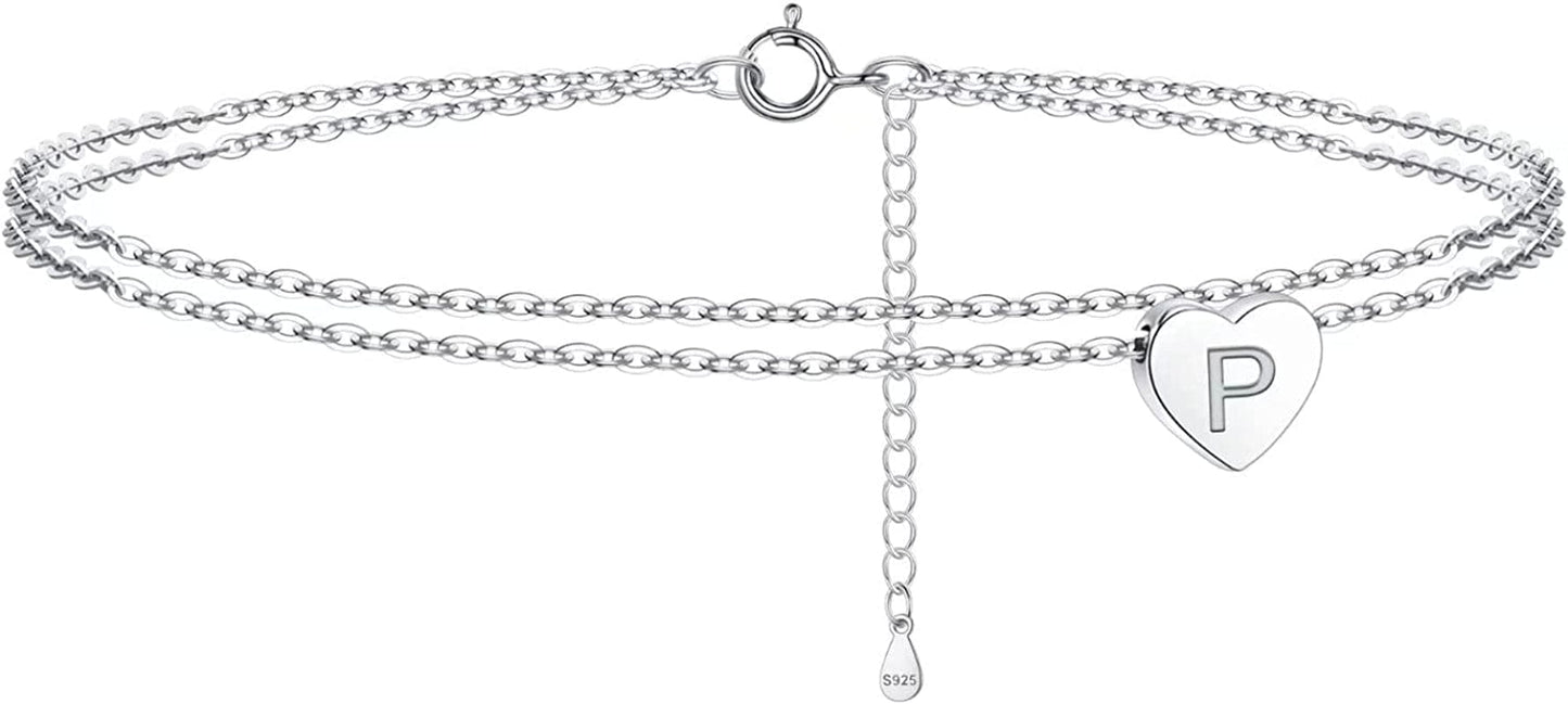 925 Sterling Silver Ankle Bracelets for Women, Silver Anklets for Women Layered Heart Ankle Bracelets Dainty Letter Initial Anklet A-Z Silver Anklets for Women Teen Girls Beach Foot Jewelry Gifts Apparel & Accessories > Jewelry > Anklets IEFSHINY P