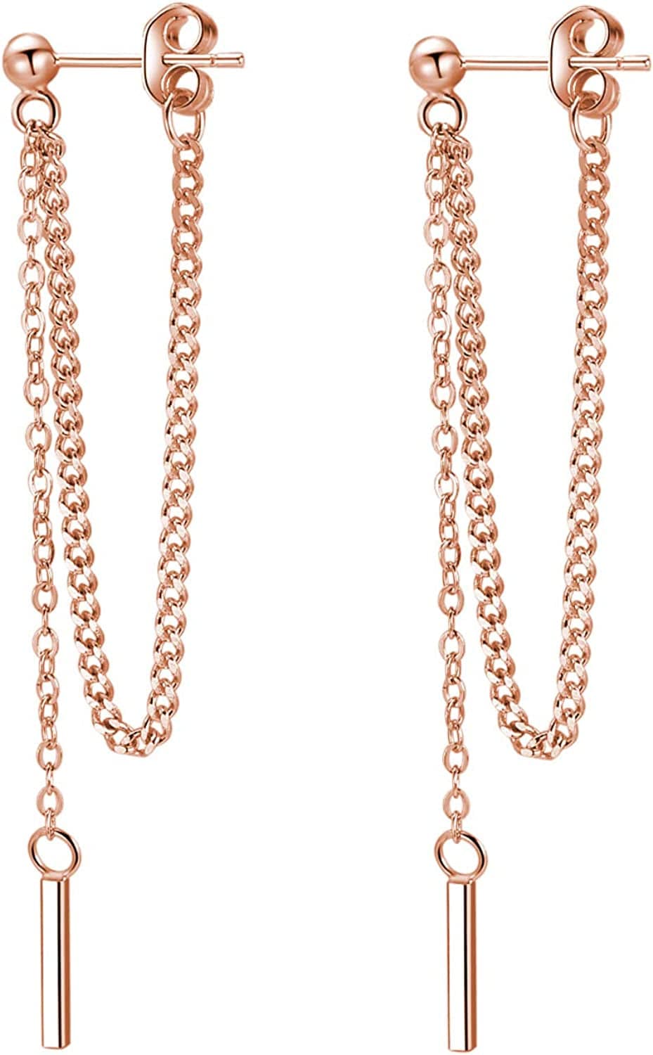 925 Sterling Silver Bar Dangle Earrings for Women Teen Girls Threader Earrings Chain Color 2-Rose Gold
