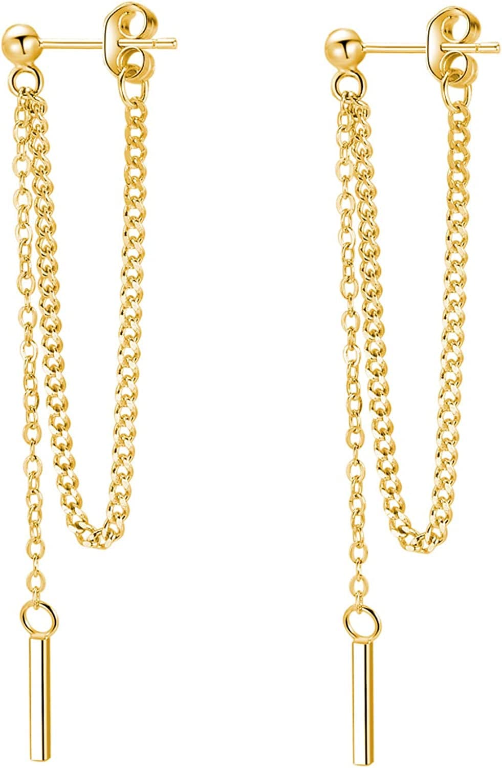 925 Sterling Silver Bar Dangle Earrings for Women Teen Girls Threader Earrings Chain Gold-Plated