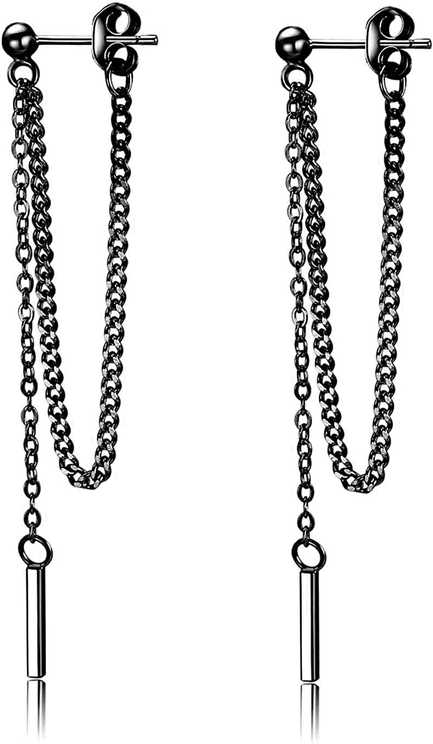 925 Sterling Silver Bar Dangle Earrings for Women Teen Girls Threader Earrings Chain Black Gold Plated