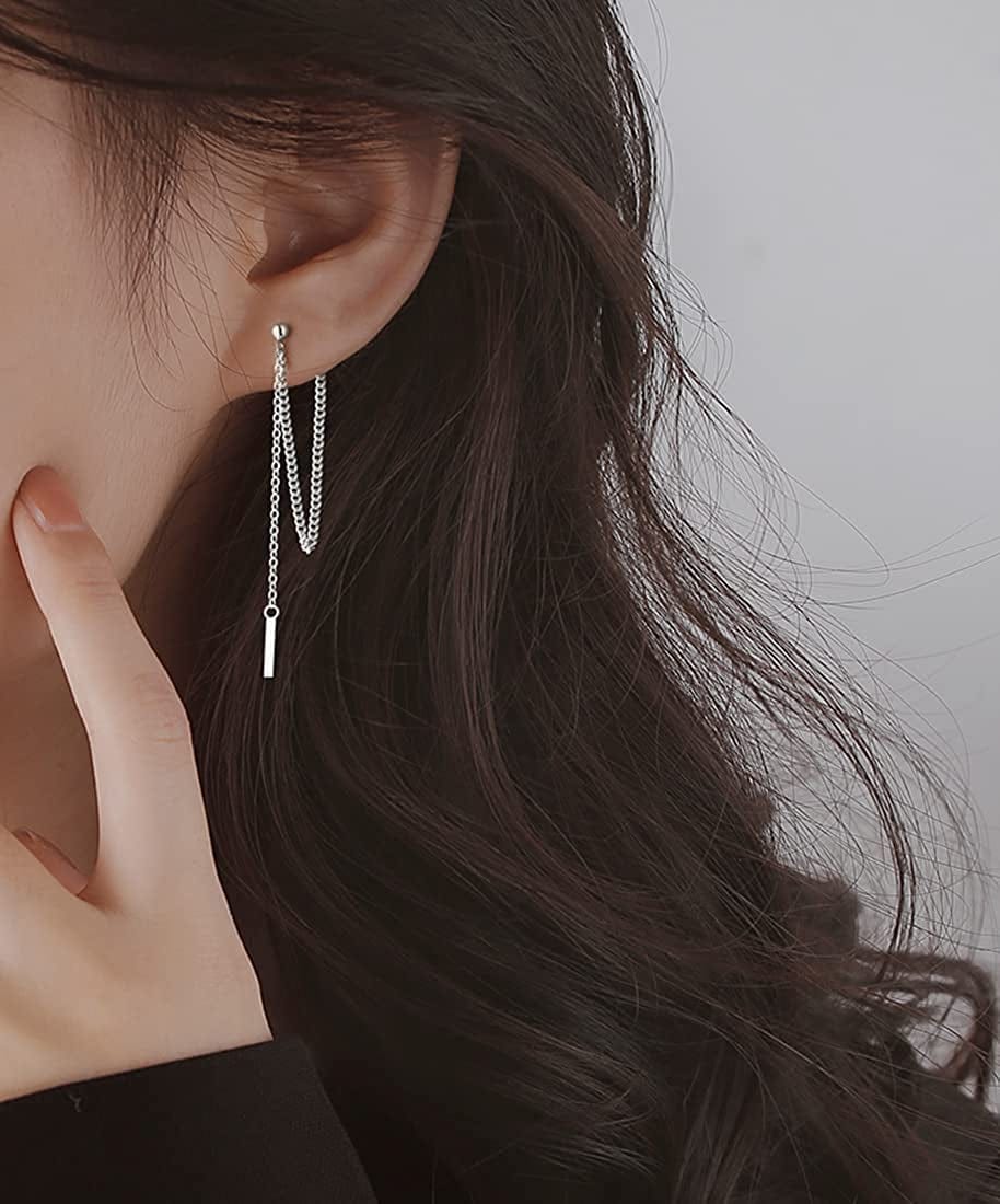 925 Sterling Silver Bar Dangle Earrings for Women Teen Girls Threader Earrings Chain