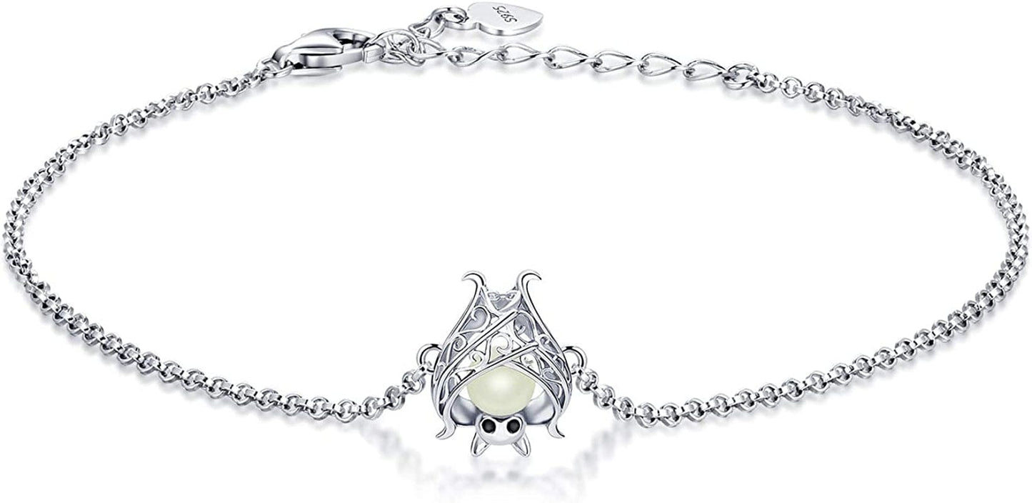 925 Sterling Silver Bat Necklace Earrings Bracelet Cute Animal Glowing in the Dark Halloween Jewelry Gift for Women Girl Bracelet