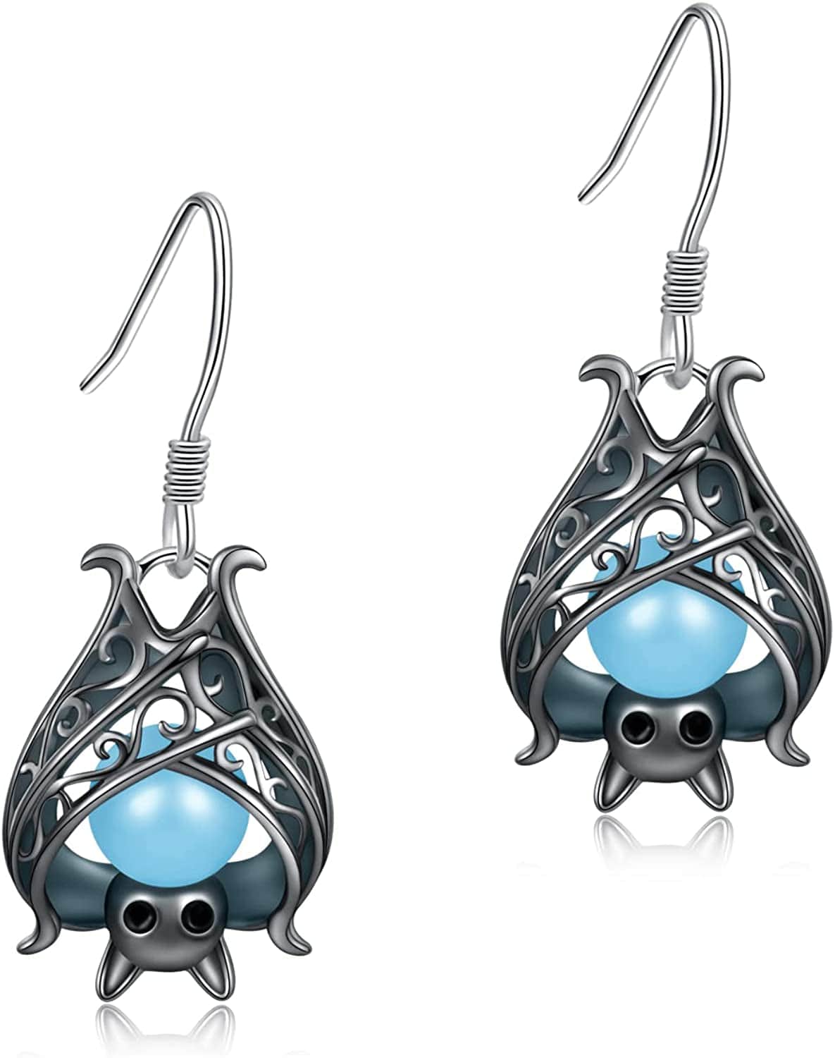 925 Sterling Silver Bat Necklace Earrings Bracelet Cute Animal Glowing in the Dark Halloween Jewelry Gift for Women Girl Black Earrings