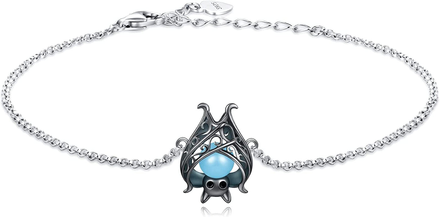 925 Sterling Silver Bat Necklace Earrings Bracelet Cute Animal Glowing in the Dark Halloween Jewelry Gift for Women Girl Black Bracelet