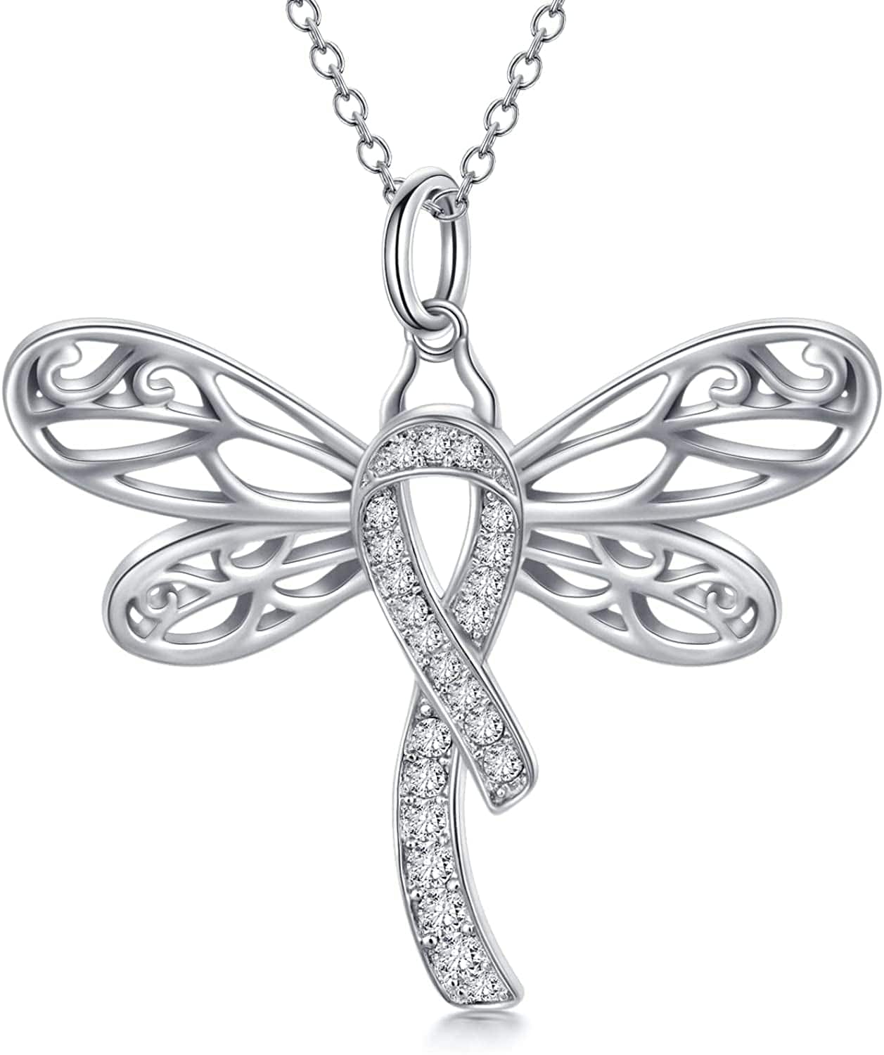 925 Sterling Silver Butterfly/Dragonfly Breast Cancer Awareness Pink Ribbon Pendant Necklace with Austrian Crystals, Breast Cancer Survivor Gifts for Women 02-Dragonfly-white